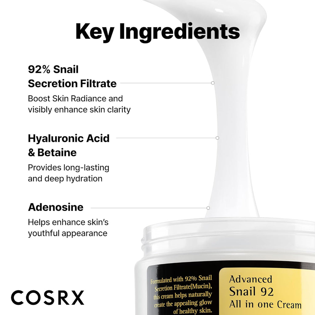 COSRX Snail Mucin 92% Face Moisturizer, 3.52 Oz, Lightweight Moisturing Cream for Soft, Glowy Skin, Korean Skin Care, Korean Moisturizer Face Cream, Mothers Day Gifts for Mom