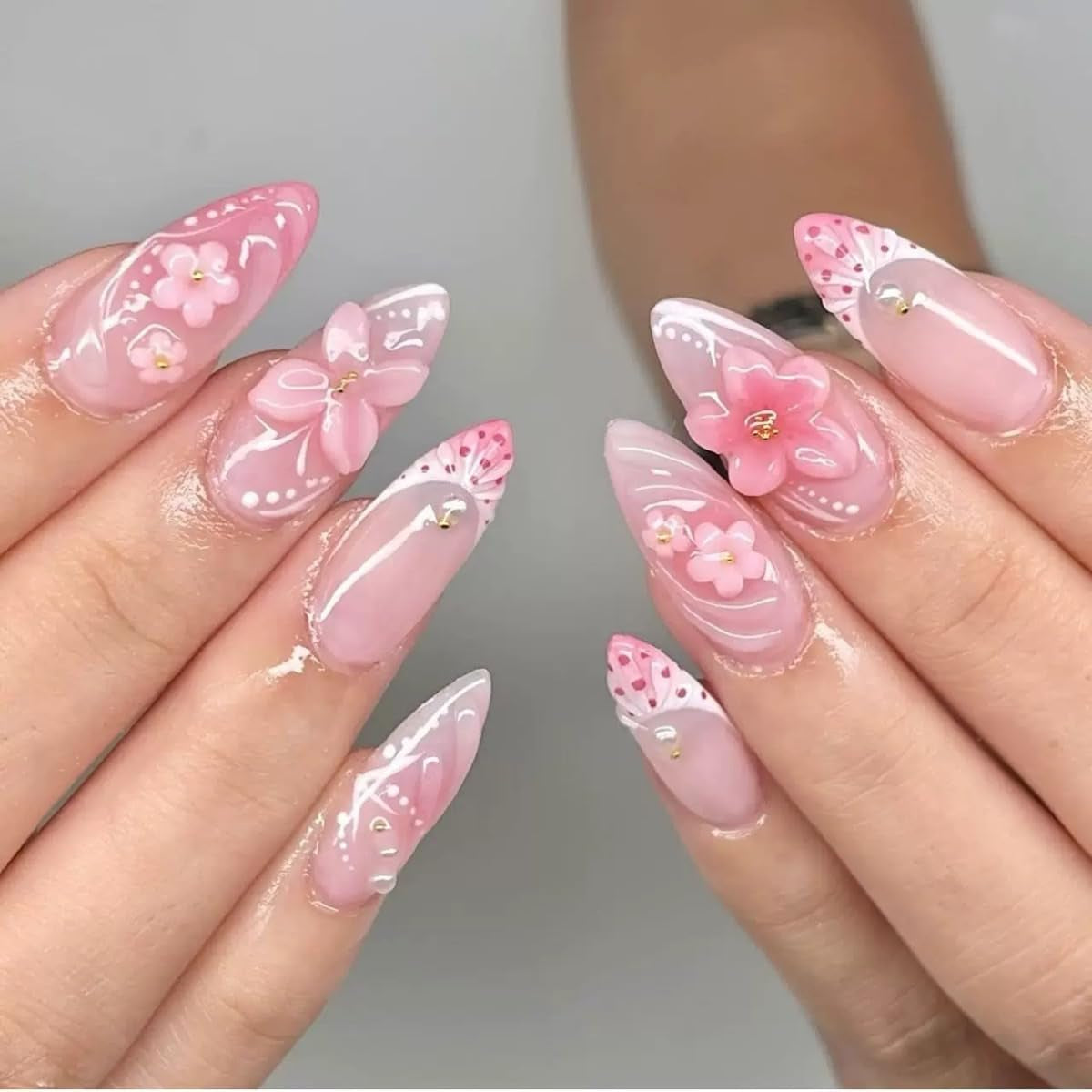CTTHNBD Press on Nails Almond - French Tip Fake Nails with Gold Line Design - Medium Fasle Nails Press Ons - for Women 24 Pcs