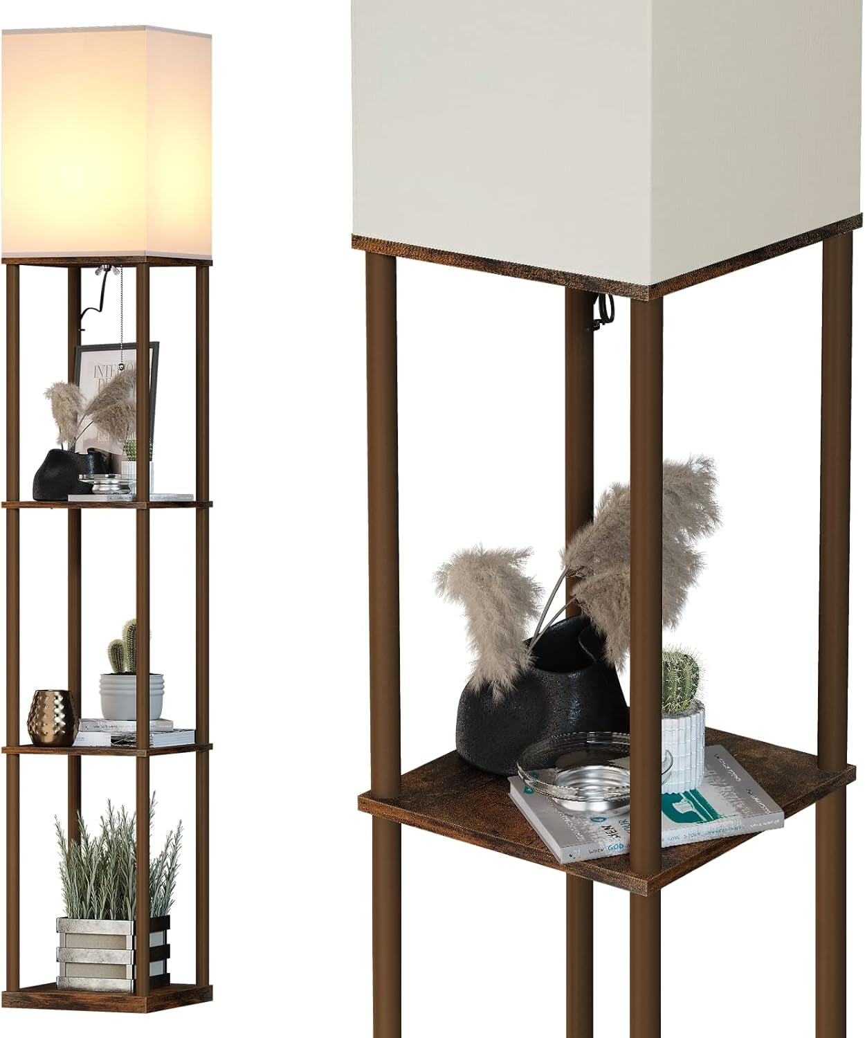 SUNMORY 5 Tier Floor Lamp with Shelves, Modern Square Standing Lamp with 3 Color Temperature Bulb, Corner Display Bookshelf Lamp for Living Room and Bedroom, Tall Shelf Floor Lamp