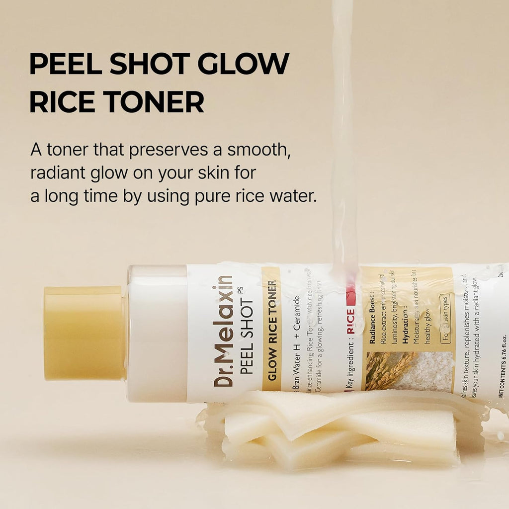 Dr.Melaxin Peel Shot Glow Rice Toner with Rice Extract & Ceramides, Hydrating & Skin Refining Face Toner for Glass Skin, Liposome Oil for Deep Moisture & Barrier Care, Korean Skincare, 6.76 Fl.Oz