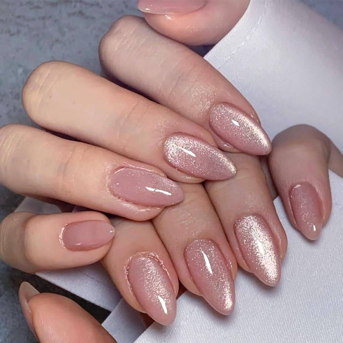 CTTHNBD Press on Nails Almond - French Tip Fake Nails with Gold Line Design - Medium Fasle Nails Press Ons - for Women 24 Pcs