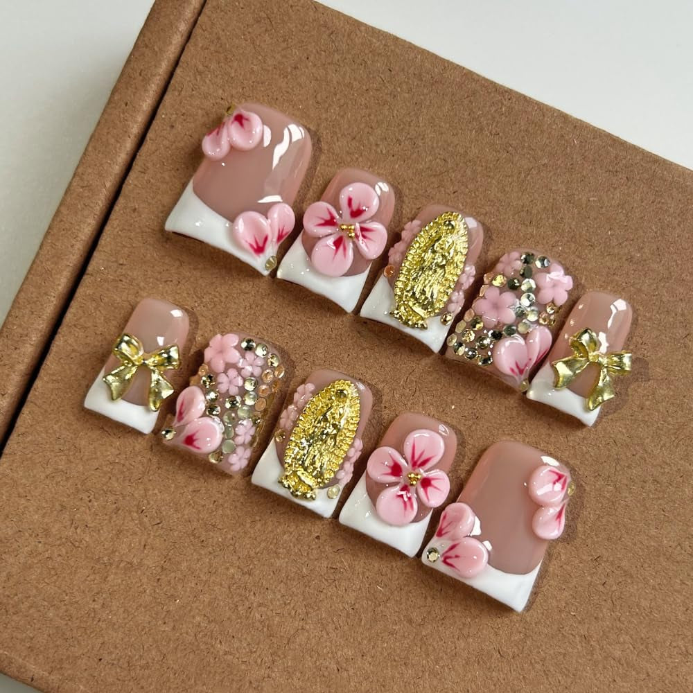 MAGLFELL Salon Press on Nails - 3D Almond Handmade Unique French Fake Nails, Thick Acrylic and Muti-Layer Gel False Nails, Reusable Gel Cured Durable Press Ons (Size S)