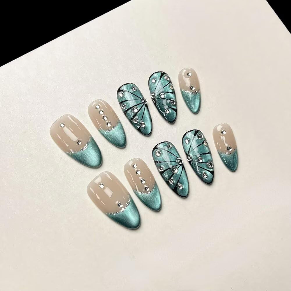 MAGLFELL Salon Press on Nails - 3D Almond Handmade Unique French Fake Nails, Thick Acrylic and Muti-Layer Gel False Nails, Reusable Gel Cured Durable Press Ons (Size S)