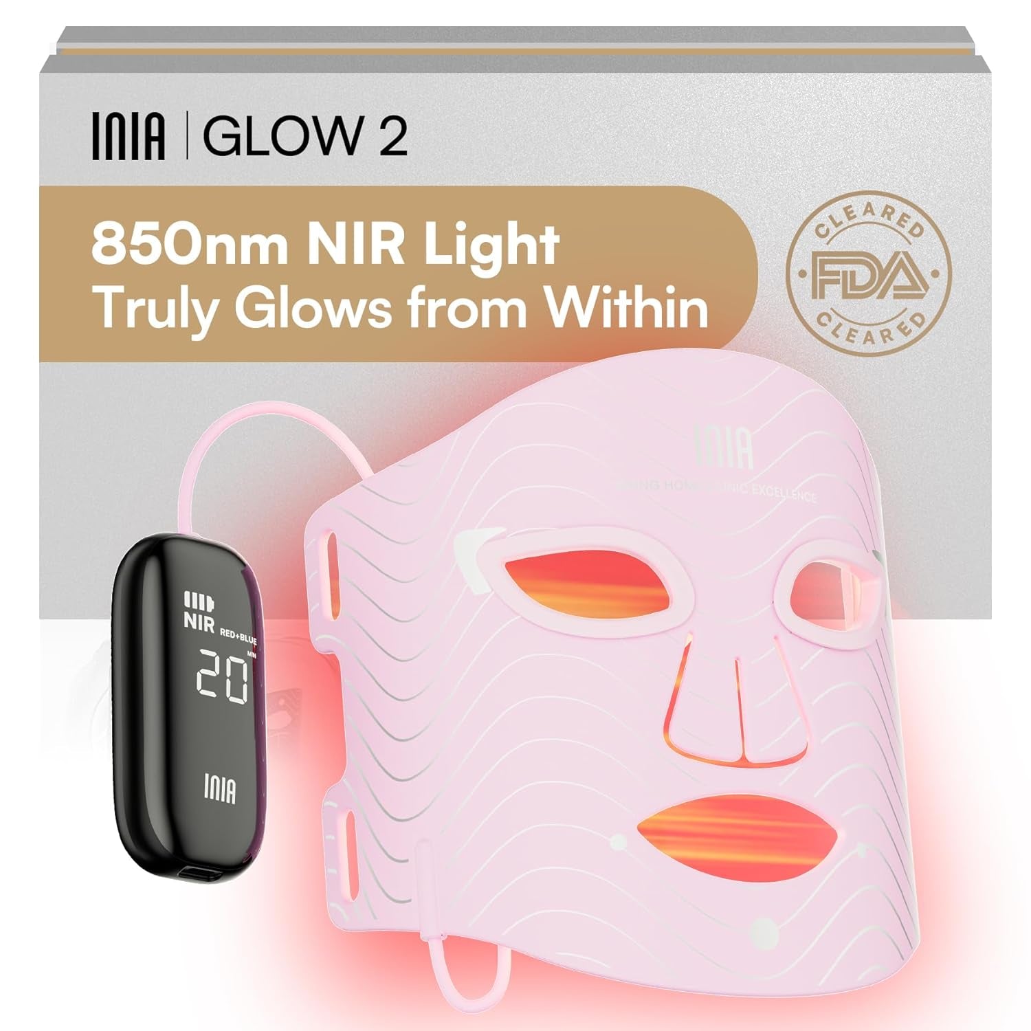 INIA Red Light Therapy Mask for Face – 4 Light Modes with 850Nm NIR, Red & Blue LED Light Therapy, 2600Mah Rechargeable LED Face Mask for Radiant Glow at Home, Black