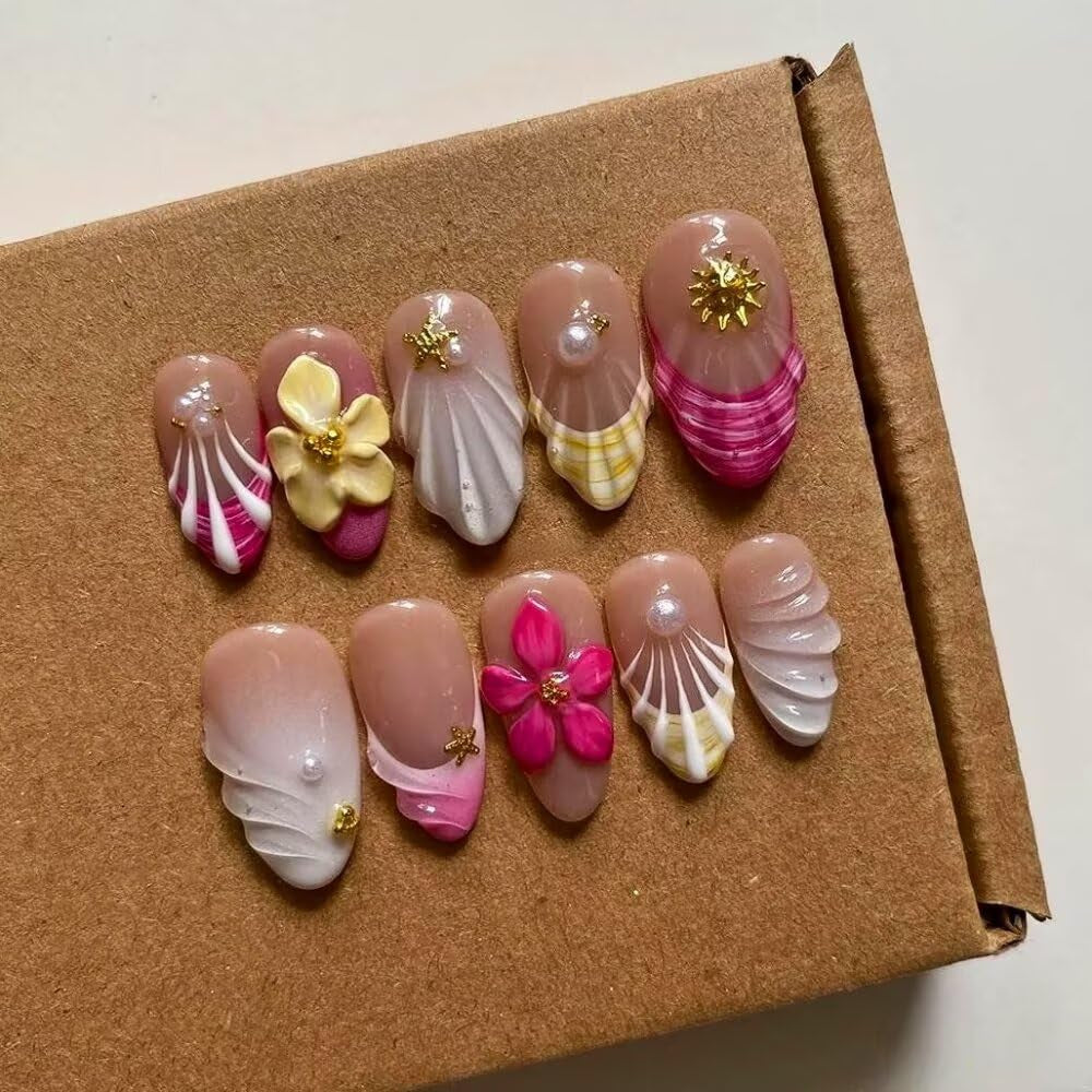 MAGLFELL Salon Press on Nails - 3D Almond Handmade Unique French Fake Nails, Thick Acrylic and Muti-Layer Gel False Nails, Reusable Gel Cured Durable Press Ons (Size S)