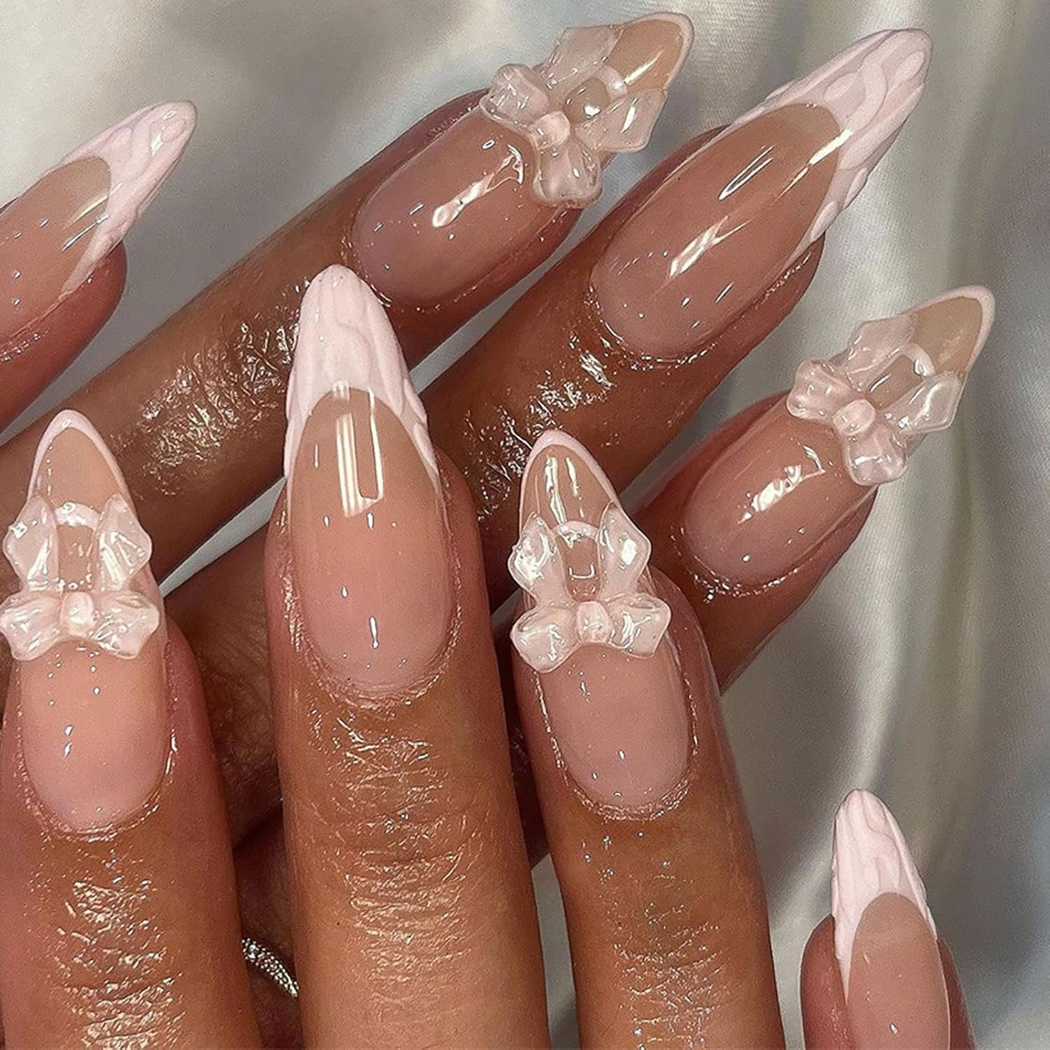 24Pcs Medium Almond Press on Nails French Tip Fake Nails with Brown Leopard Gold Line Design Glossy Reusable False Nail Artificial Acrylic Nails Press Ons Holiday Stick on Nails for Women DIY Manicure