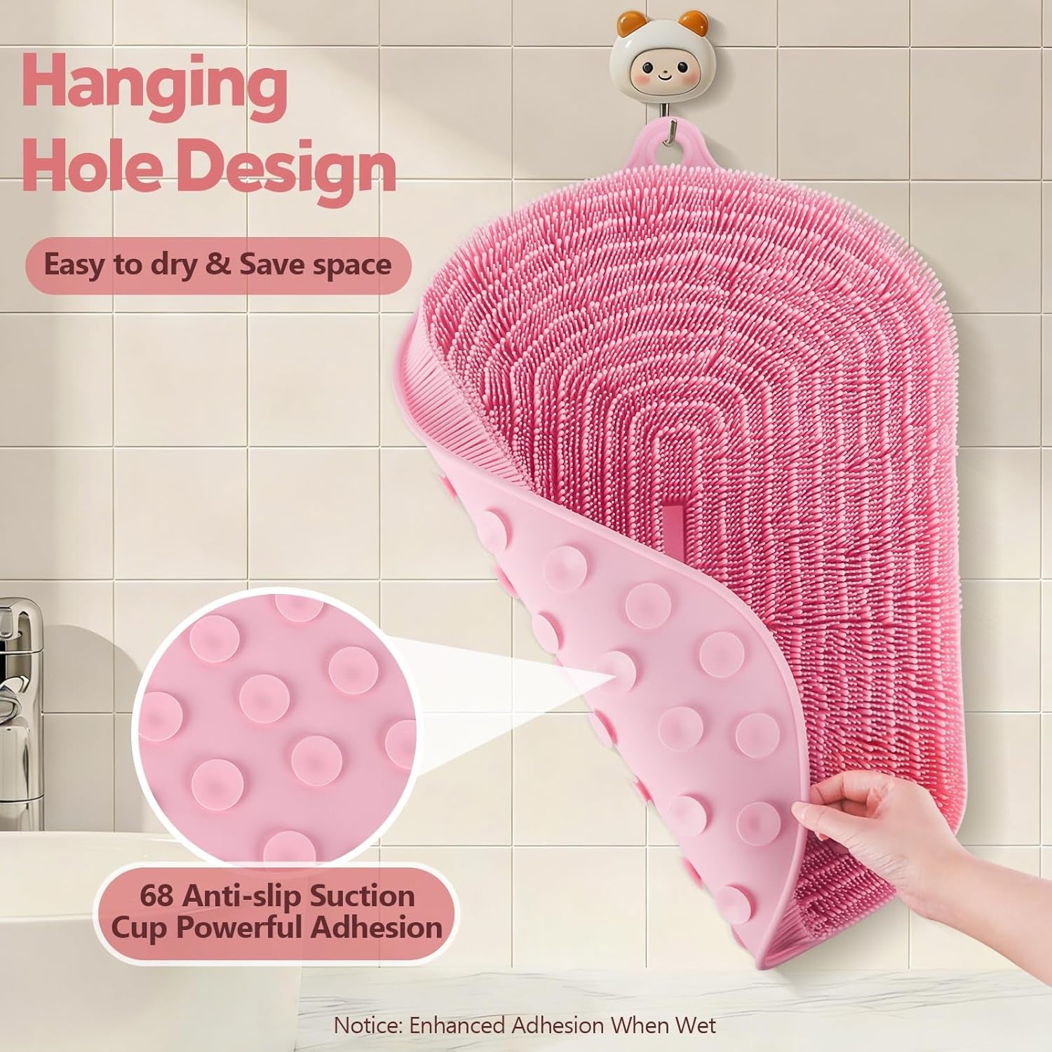 21"×14" Large Shower Foot Scrubber Mat, Silicone Feet/Back Exfoliating Cleaner with Suction Cups, Foot Massage Bath Pad for Dead Skin Removal, No Bending over Soft Bristle Bath Mat