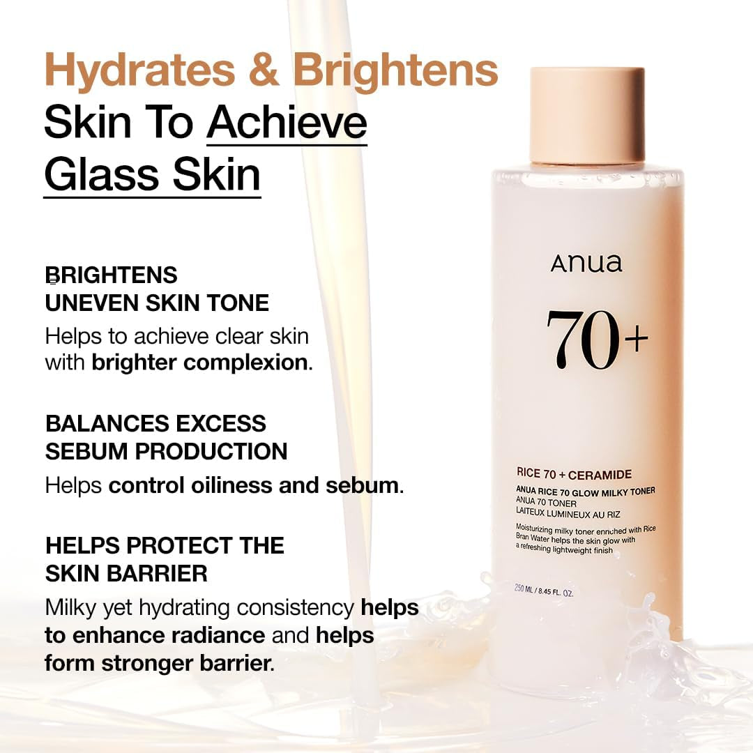 Anua Rice 70 Glow Milky Toner, Glass & Dewy Skin, Hydrating & Barrier Care, Rice Water, Niacinamide, Ceramides, All Skin Types, Fragrance-Free, Non Comedogenic, Korean Skincare, 8.45 Fl.Oz.