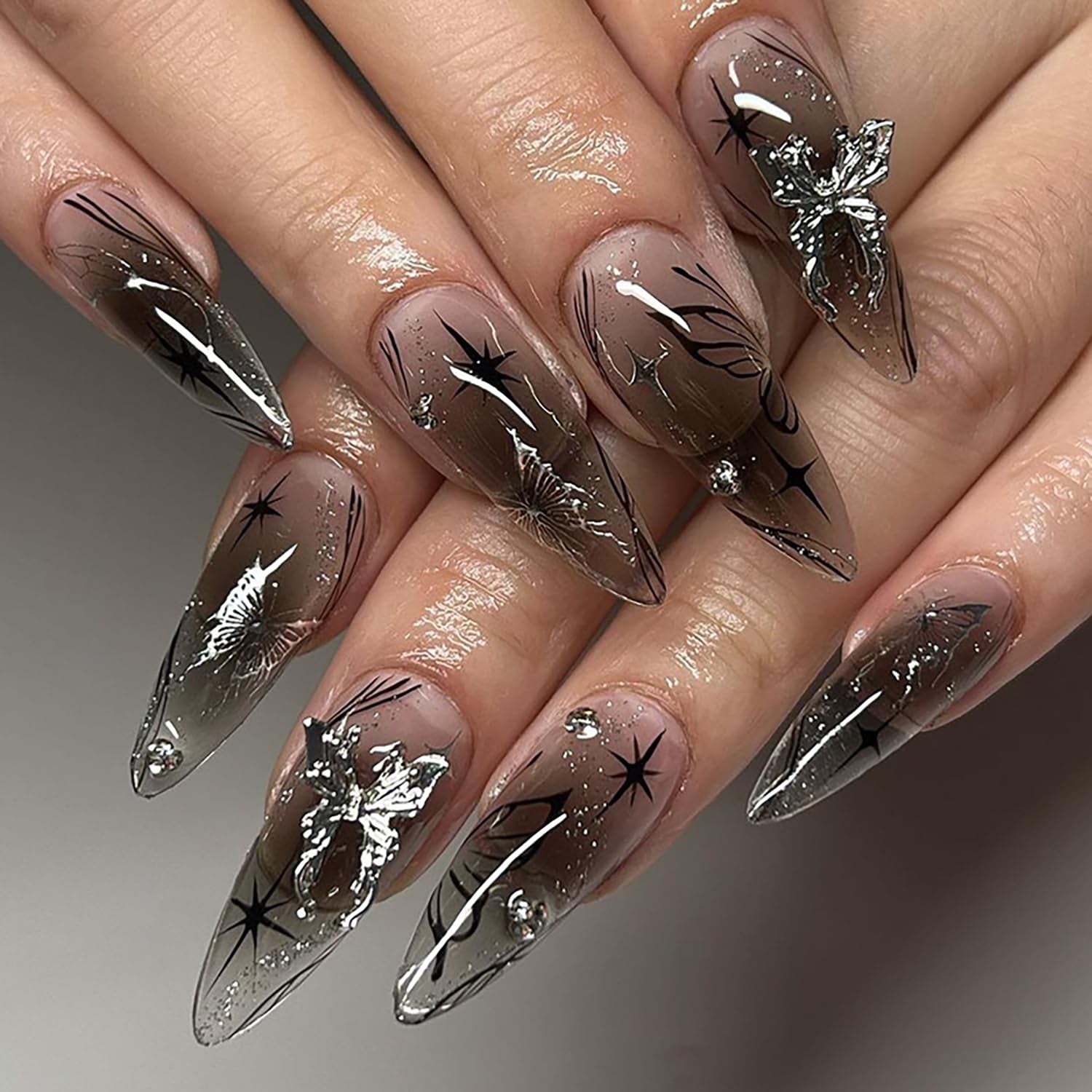 24Pcs Medium Almond Press on Nails French Tip Fake Nails with Brown Leopard Gold Line Design Glossy Reusable False Nail Artificial Acrylic Nails Press Ons Holiday Stick on Nails for Women DIY Manicure