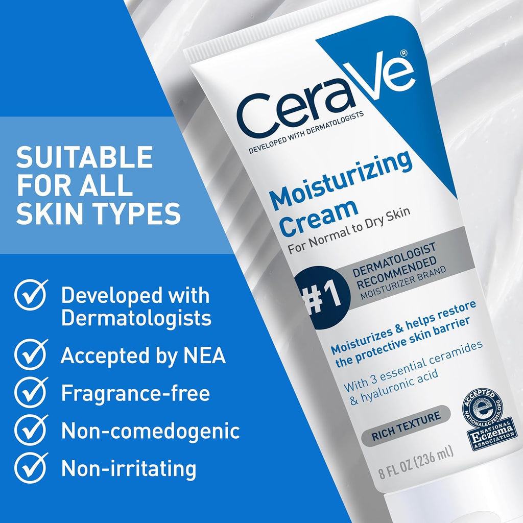 Cerave Moisturizing Cream, Body and Face Moisturizer for Dry Skin, Body Cream with Hyaluronic Acid and Ceramides, Daily Moisturizer, Oil-Free, Fragrance Free, Non-Comedogenic, 19 Ounce