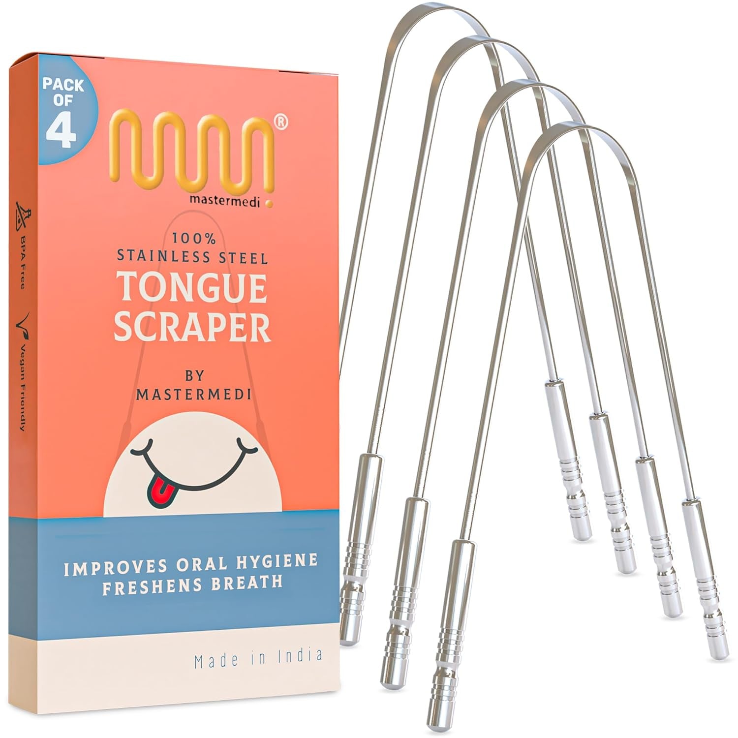 Mastermedi Tongue Scraper for Adults with Multicolor Travel Cases (2 Pack), 100% Stainless Steel, Reduce Bad Breath, Tongue Scrubber, Easy to Use, Tongue Cleaner for Oral Care & Hygiene