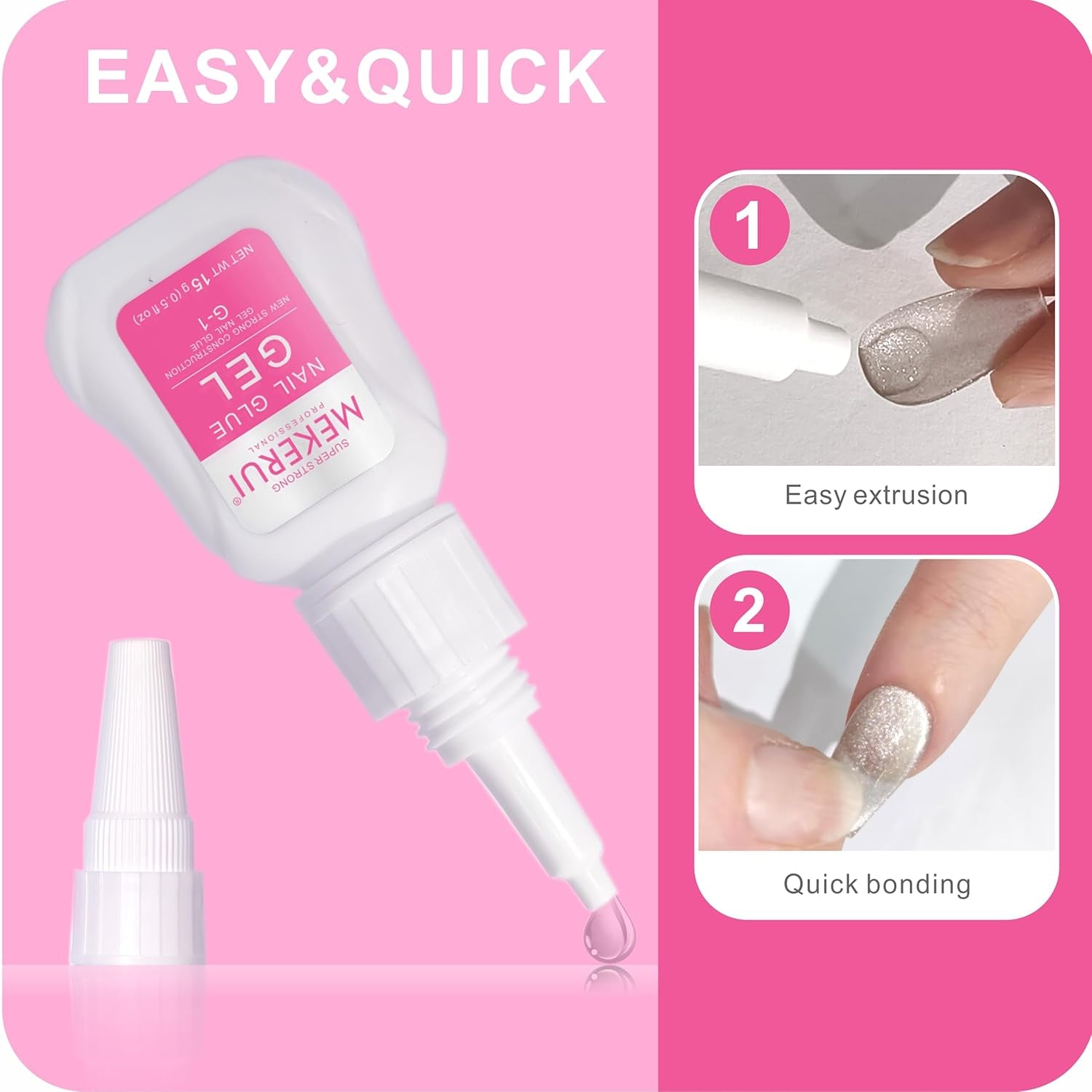 MEKERUI Super Strong Nail Glue Gel 15G – Air-Dries in 7 Seconds, No UV Lamp Needed, Waterproof & Long-Lasting for Press-On Nails