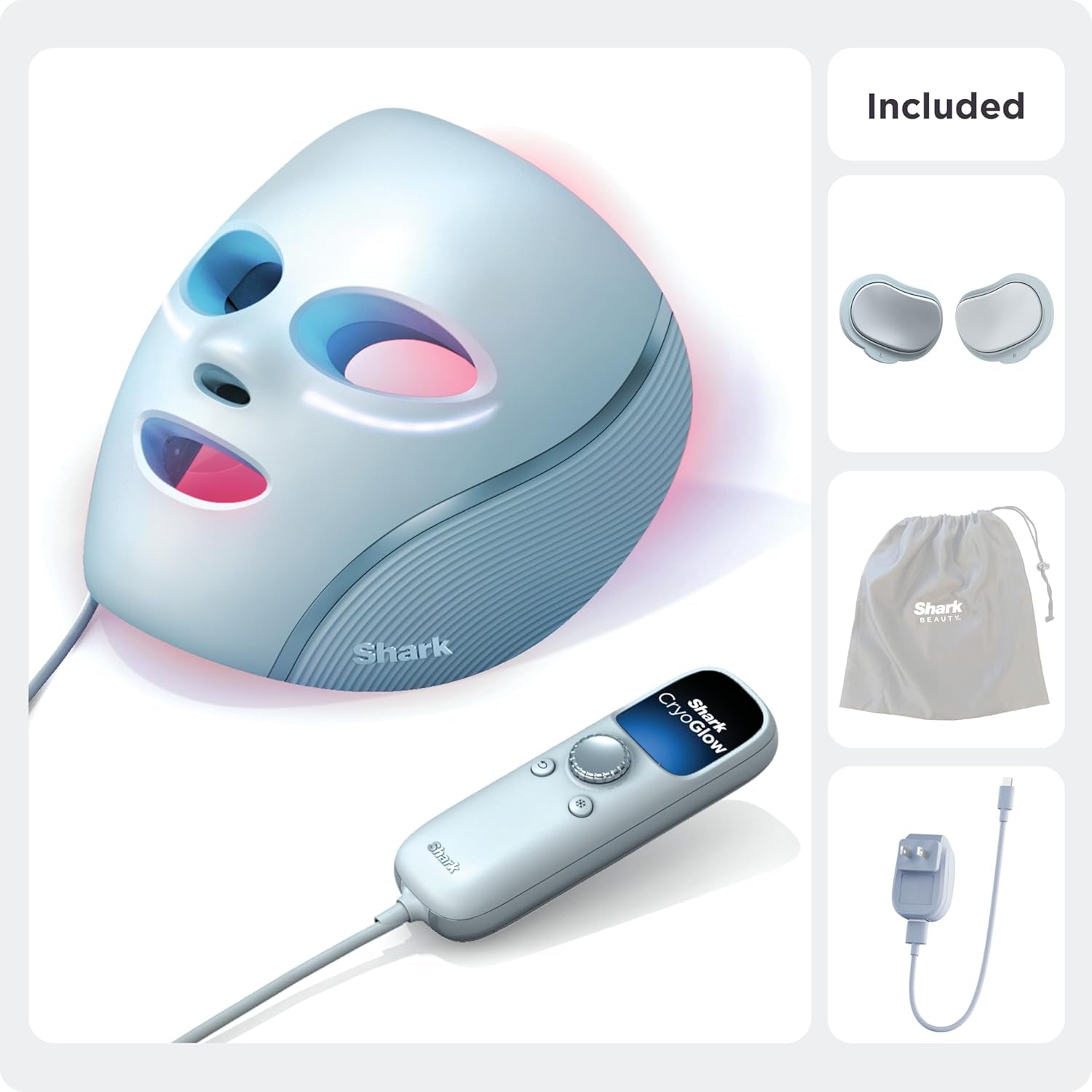 Shark Cryoglow LED Face Mask with Under-Eye Cooling, Anti-Ageing & Blemish Repair, Red & Blue LED, Infrared Light Therapy, USB-C, Remote Control, Storage Bag, Blue Frost, FW312