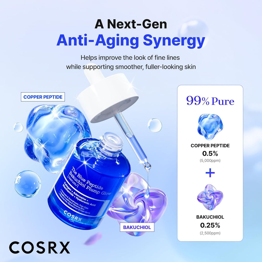 COSRX the Blue Peptide Bakuchiol Plump Glow Serum, Korean Peptide Plumping Serum for Face, Ghk-Cu Copper Peptides, Bakuchiol, Anti-Aging & Firming, Korean Skin Care, Mothers Day Gifts, 1.69 Fl Oz