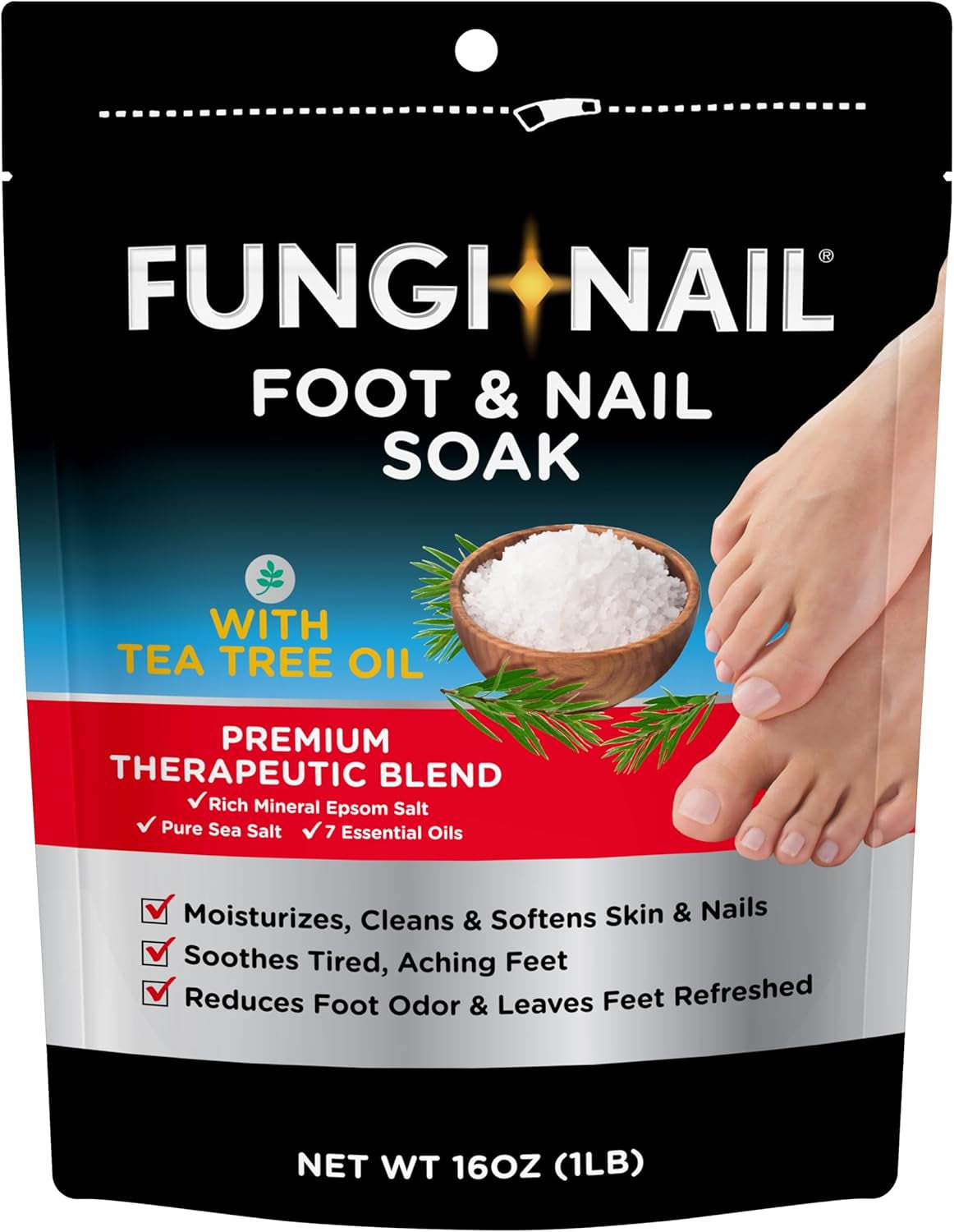 Fungi-Nail Foot & Nail Soak with Tea Tree Oil - Moisturize, Reduce Foot Odor, & Soothe Aching Feet - a Therapeutic Blend of Rich Mineral Epsom Salt, Pure Sea Salt, and 7 Essential Oils - 1 Pound