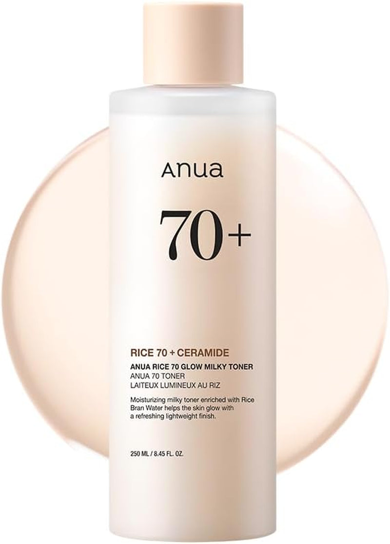 Anua Rice 70 Glow Milky Toner, Glass & Dewy Skin, Hydrating & Barrier Care, Rice Water, Niacinamide, Ceramides, All Skin Types, Fragrance-Free, Non Comedogenic, Korean Skincare, 8.45 Fl.Oz.