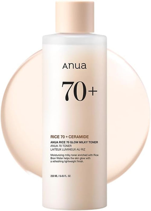 Anua Rice 70 Glow Milky Toner, Glass & Dewy Skin, Hydrating & Barrier Care, Rice Water, Niacinamide, Ceramides, All Skin Types, Fragrance-Free, Non Comedogenic, Korean Skincare, 8.45 Fl.Oz.