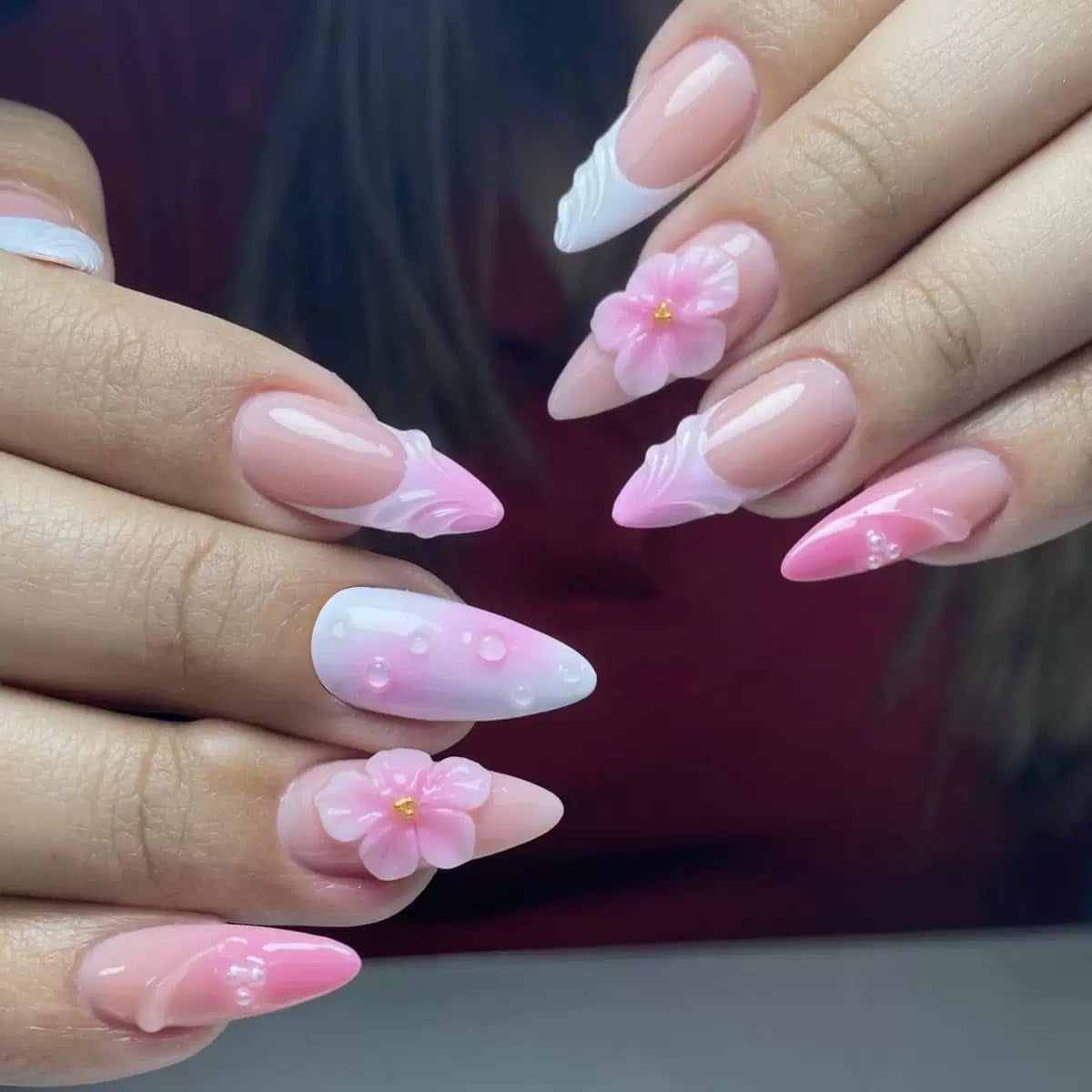 CTTHNBD Press on Nails Almond - French Tip Fake Nails with Gold Line Design - Medium Fasle Nails Press Ons - for Women 24 Pcs