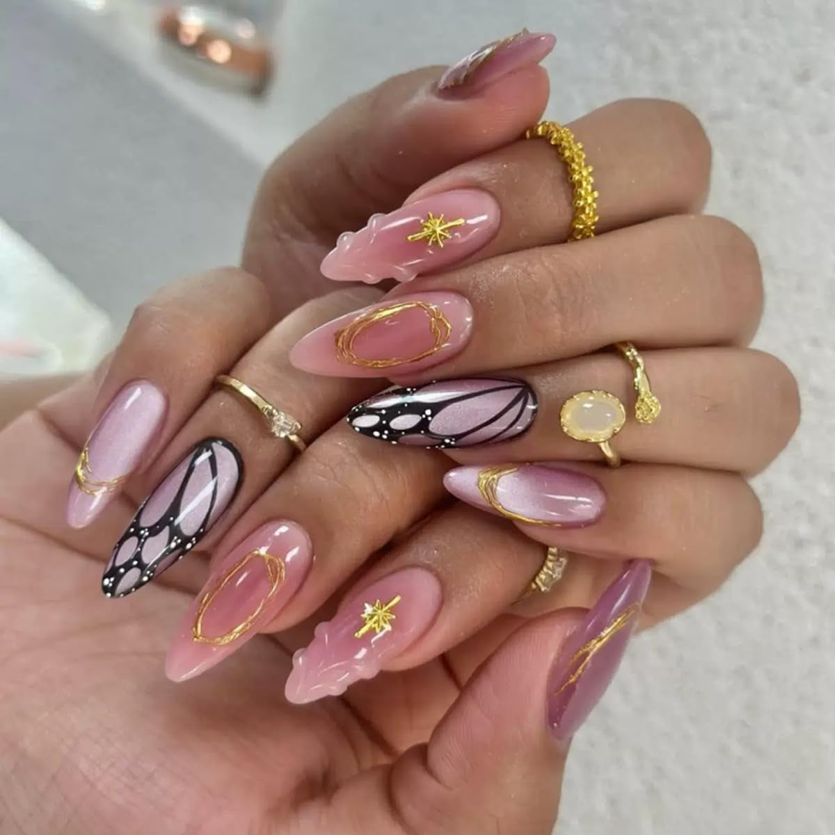 CTTHNBD Press on Nails Almond - French Tip Fake Nails with Gold Line Design - Medium Fasle Nails Press Ons - for Women 24 Pcs