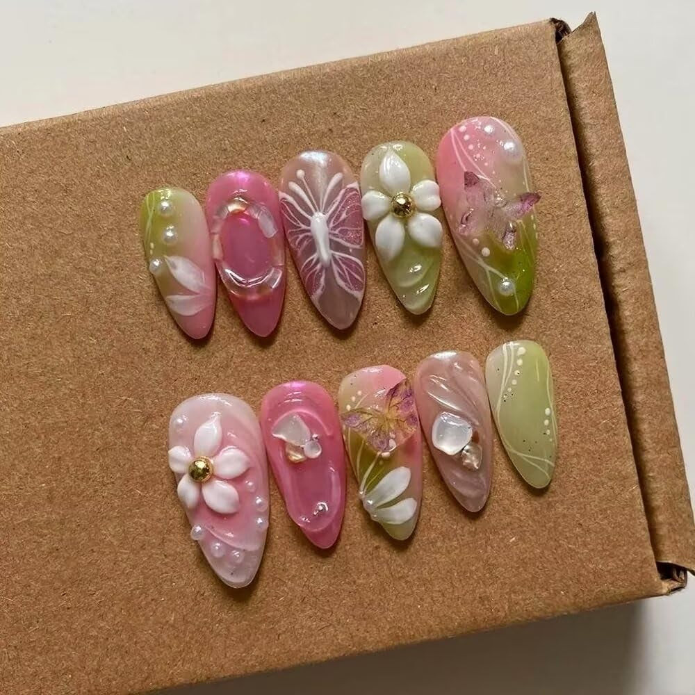 MAGLFELL Salon Press on Nails - 3D Almond Handmade Unique French Fake Nails, Thick Acrylic and Muti-Layer Gel False Nails, Reusable Gel Cured Durable Press Ons (Size S)