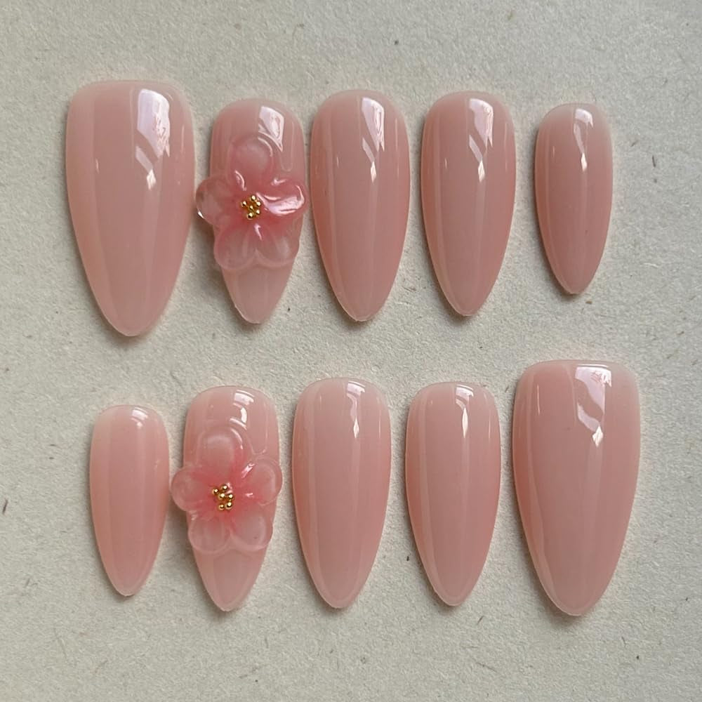 MAGLFELL Salon Press on Nails - 3D Almond Handmade Unique French Fake Nails, Thick Acrylic and Muti-Layer Gel False Nails, Reusable Gel Cured Durable Press Ons (Size S)