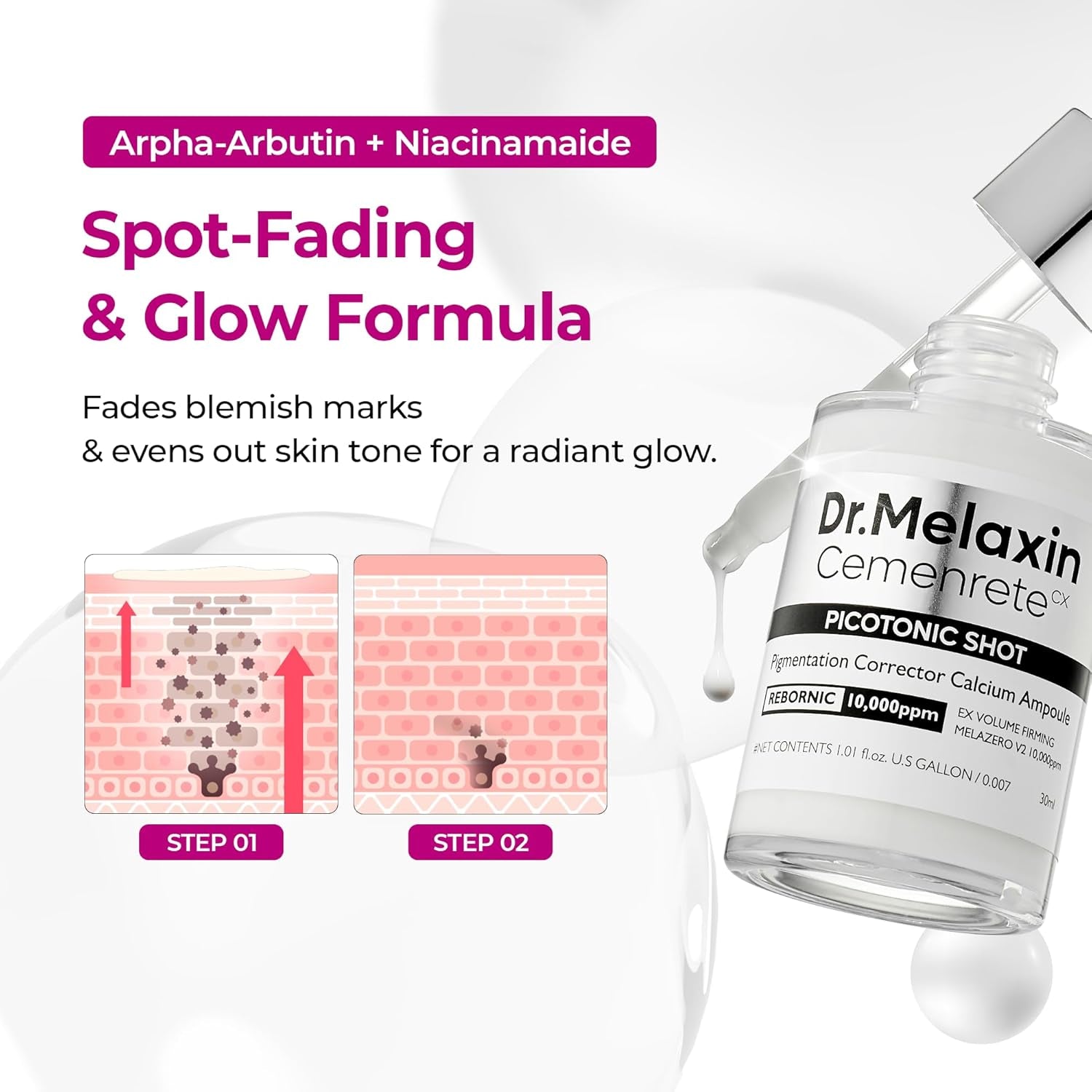 Dr.Melaxin Picotonic Shot Serum with Alpha-Arbutin & Niacinamide, Firming Density Serum for Even Skin Tone, Anti-Aging & Dark Spot Care, 1.01 Fl.Oz