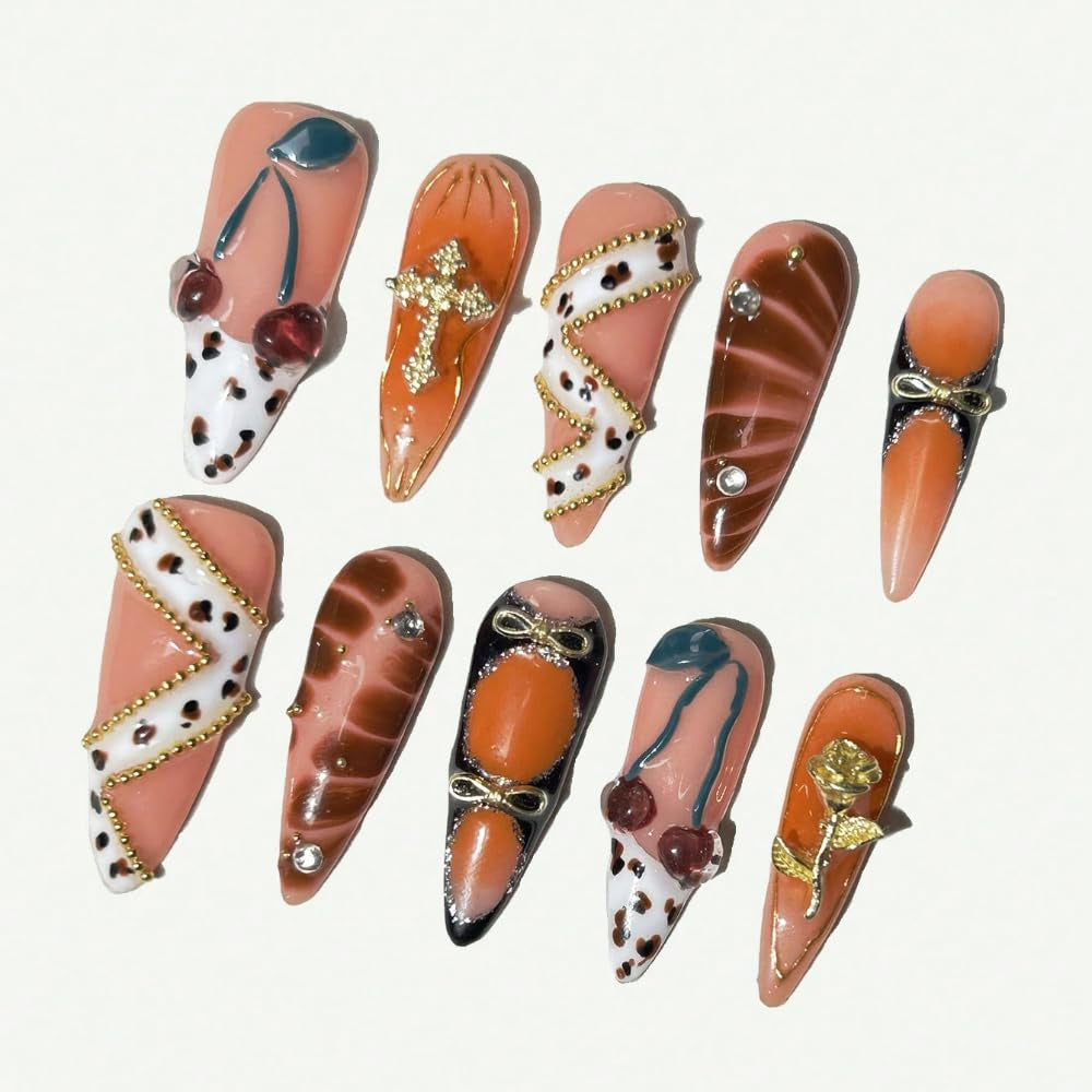 MAGLFELL Salon Press on Nails - 3D Almond Handmade Unique French Fake Nails, Thick Acrylic and Muti-Layer Gel False Nails, Reusable Gel Cured Durable Press Ons (Size S)