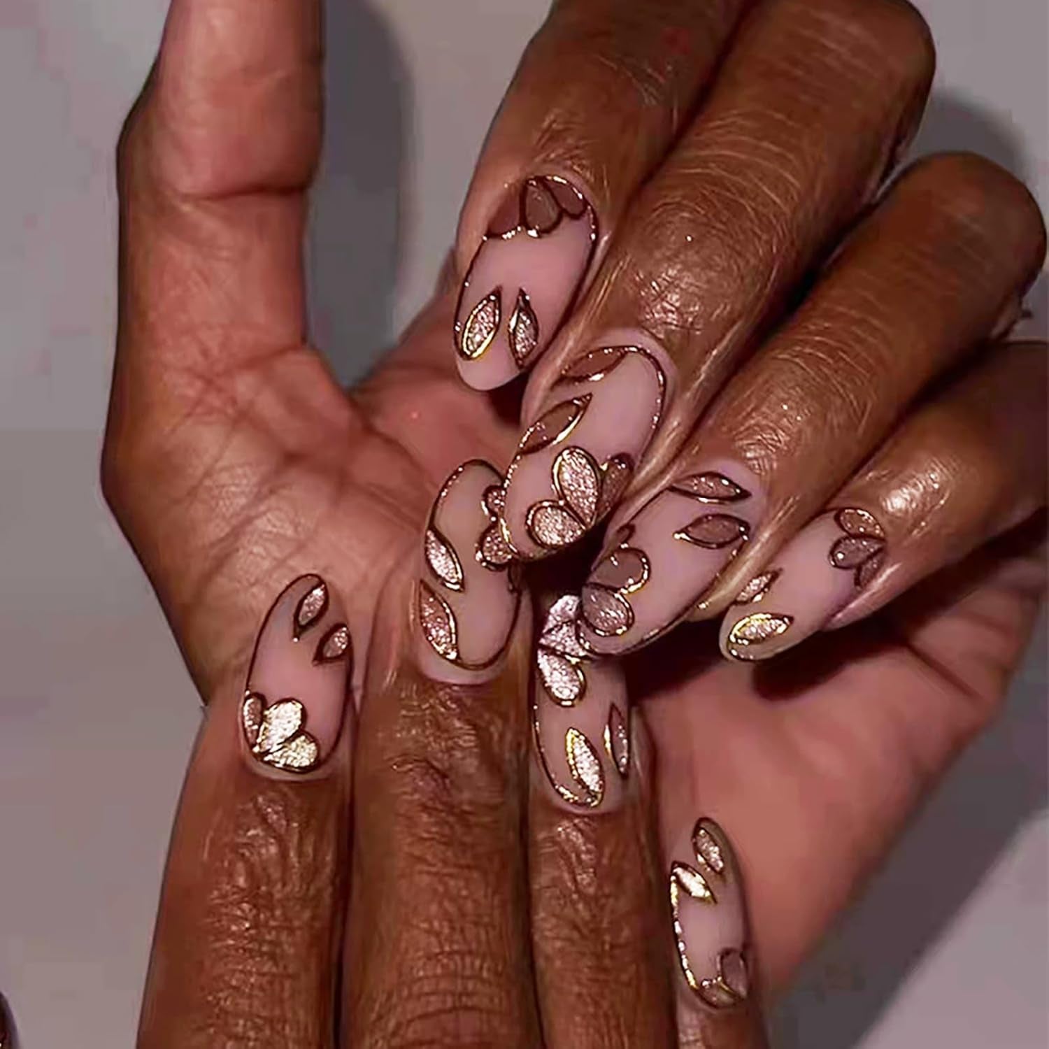 24Pcs Medium Almond Press on Nails French Tip Fake Nails with Brown Leopard Gold Line Design Glossy Reusable False Nail Artificial Acrylic Nails Press Ons Holiday Stick on Nails for Women DIY Manicure