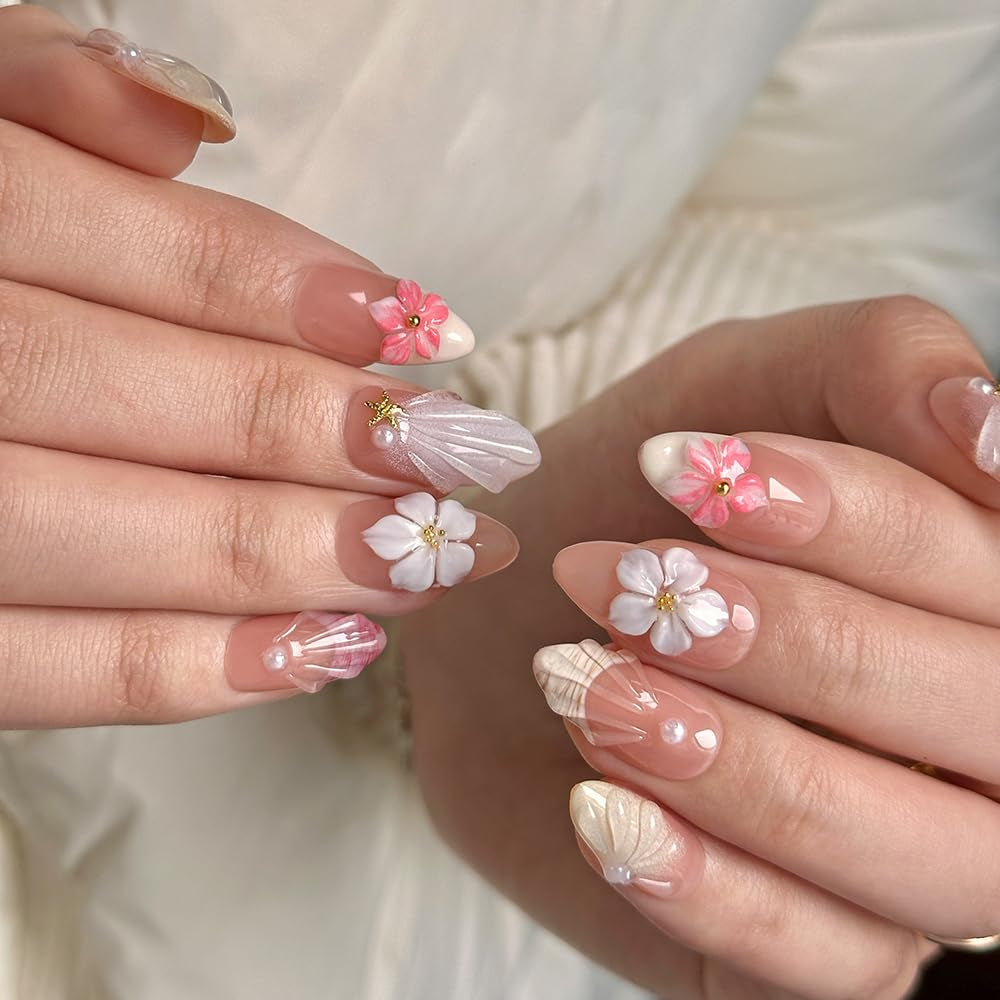 MAGLFELL Salon Press on Nails - 3D Almond Handmade Unique French Fake Nails, Thick Acrylic and Muti-Layer Gel False Nails, Reusable Gel Cured Durable Press Ons (Size S)
