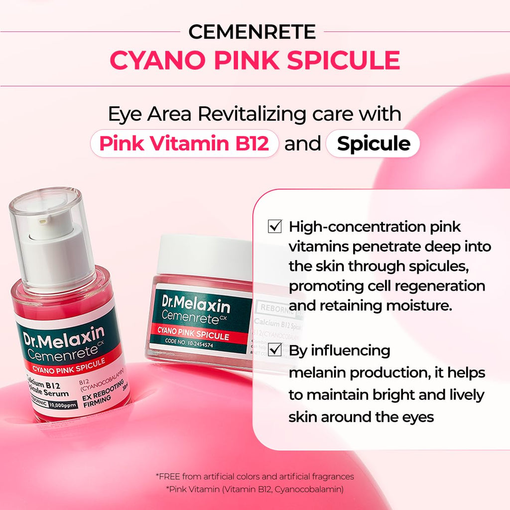 Dr.Melaxin Cyano Pink Spicule Cream with Calcium & Vitamin B12, Spicule Treatment for Dark Circles & Fine Lines, Niacinamide for Hydrating & Firming, 1.69 Fl.Oz