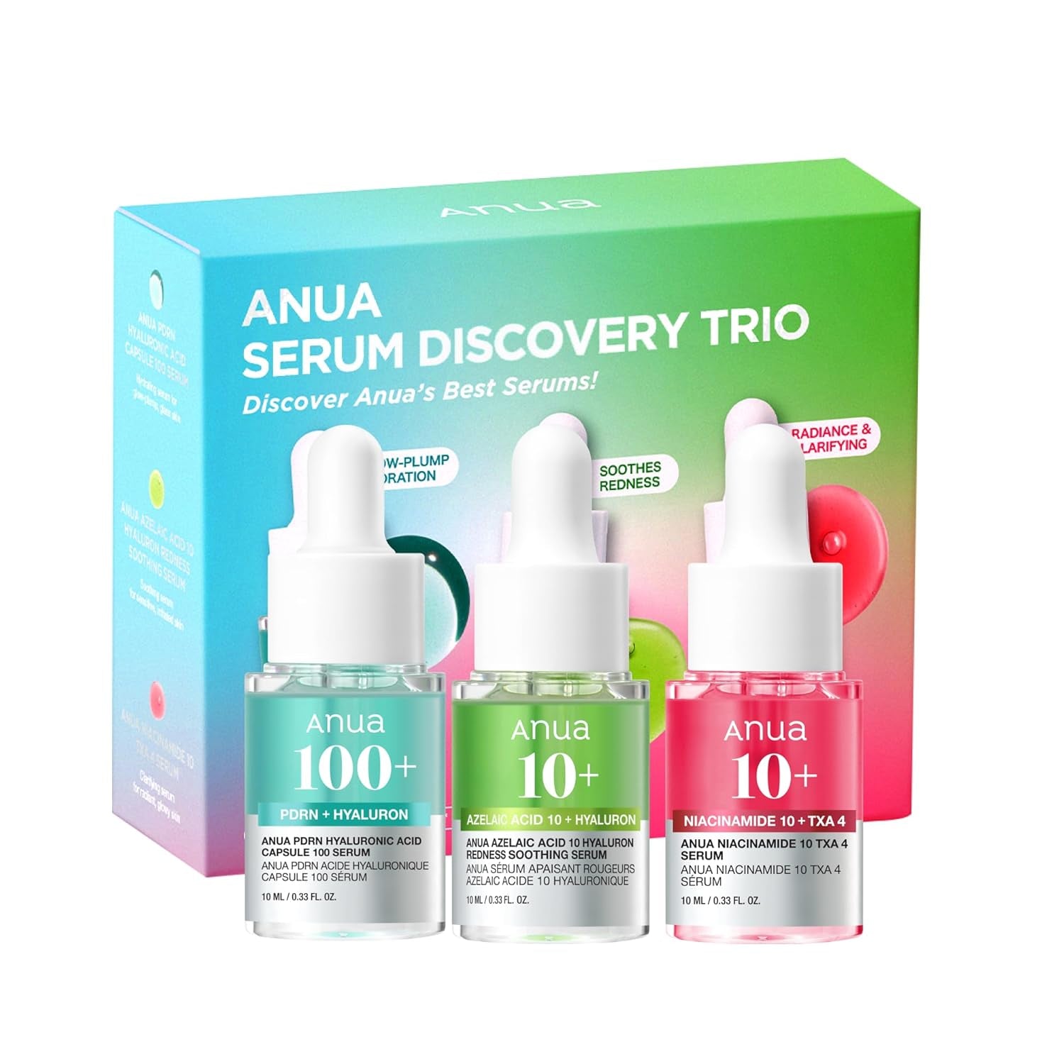 Anua Serum Discovery Trio, Mini Face Serum Travel Size Kit with Hyaluronic Acid, Niacinamide & Azelaic Acid, Hydrating Soothing Gift Set for Women, Korean Skincare Set -10Ml/0.33Fl.Oz × 3EA