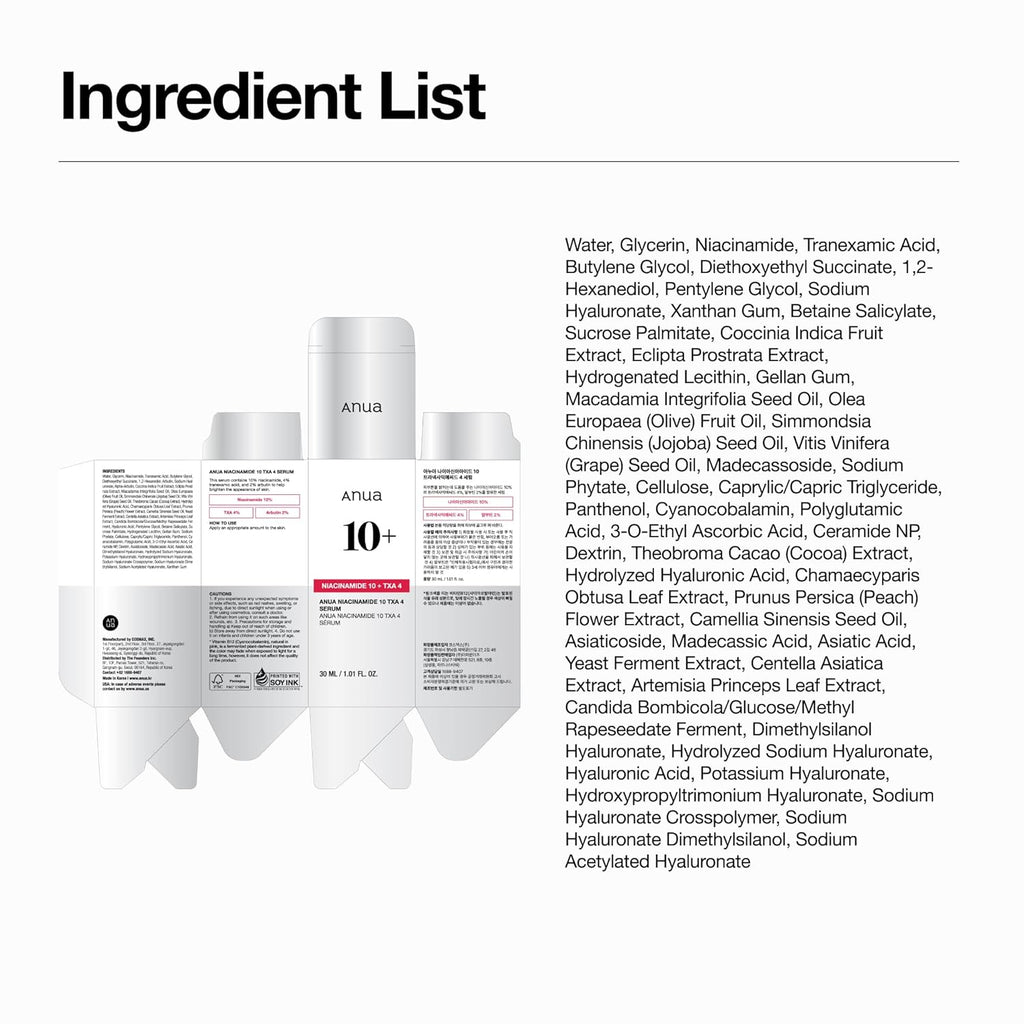 Anua Niacinamide 10 + TXA 4 Serum, Dark Spot Care, Hyaluronic Acid, Tranexamic Acid, Lightweight & Hydrating All-In-One Daily Facial Serum for Glass Skin, Korean Skincare, 1.01 Fl.Oz
