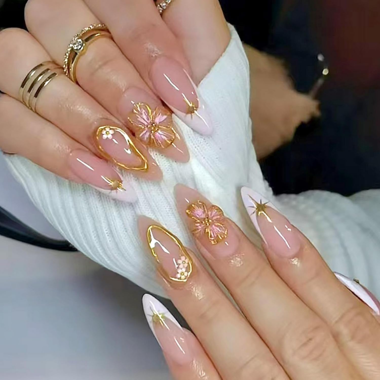 24Pcs Medium Almond Press on Nails French Tip Fake Nails with Brown Leopard Gold Line Design Glossy Reusable False Nail Artificial Acrylic Nails Press Ons Holiday Stick on Nails for Women DIY Manicure