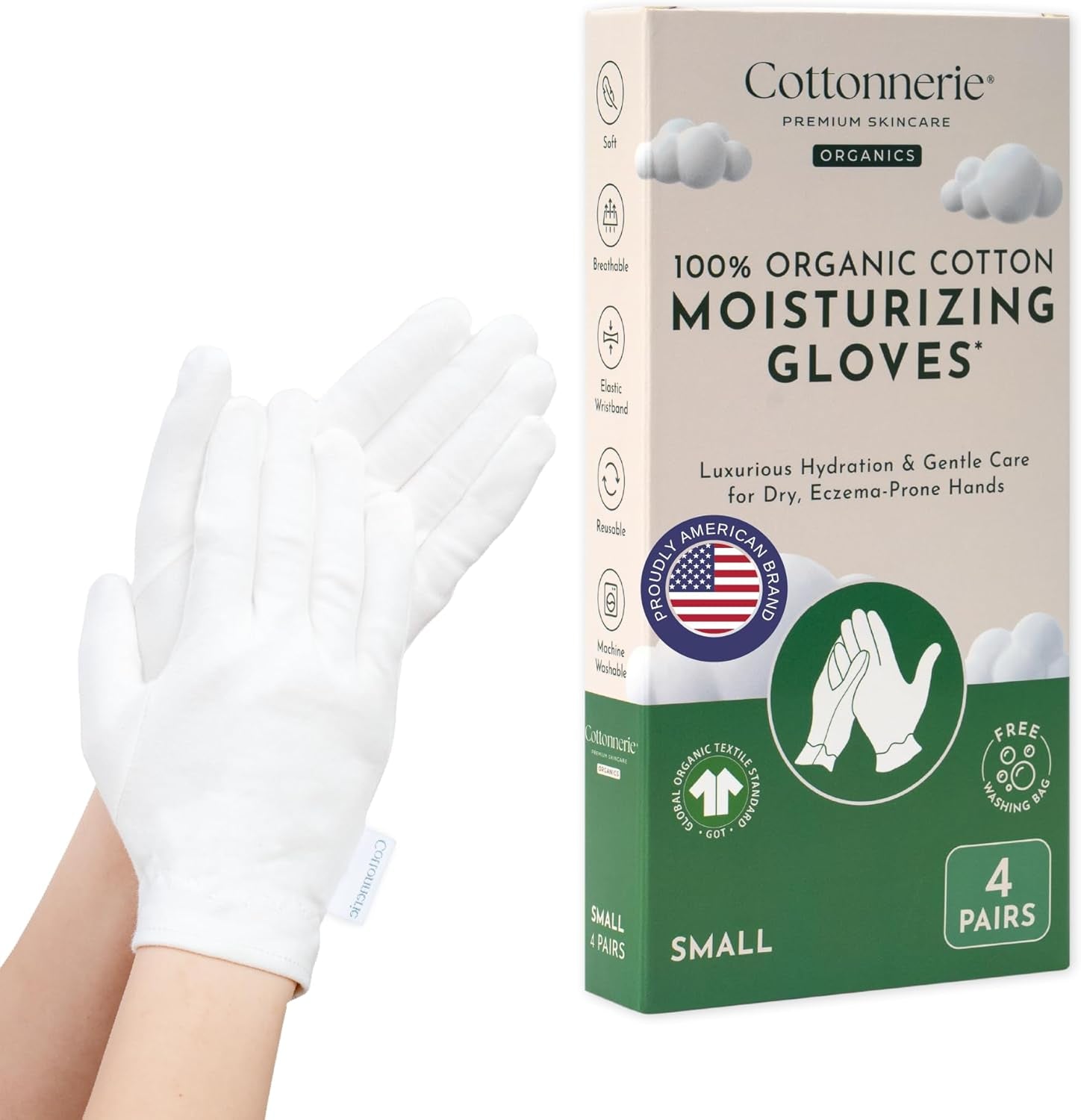 4 Pairs Cottonnerie Organic Cotton Gloves for Dry Hands Sleeping, Moisturizing Gloves Overnight, Hand Moisturizer Gloves, Moisture Gloves for Dry Hands Overnight, Sleeping Gloves, Medium
