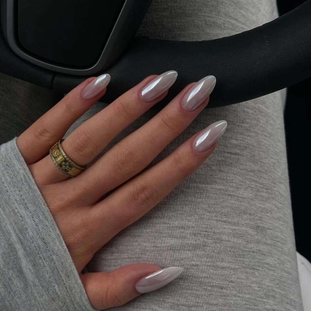 CTTHNBD Press on Nails Almond - French Tip Fake Nails with Gold Line Design - Medium Fasle Nails Press Ons - for Women 24 Pcs