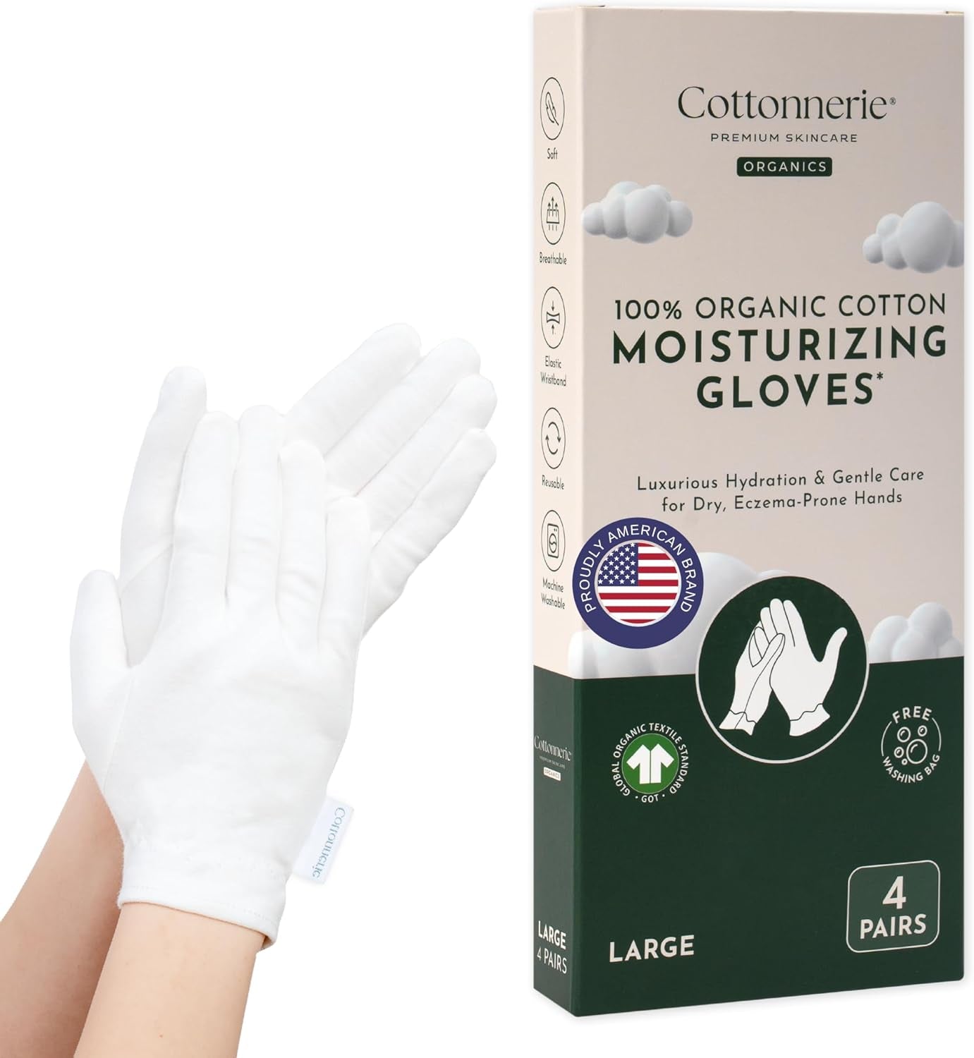 4 Pairs Cottonnerie Organic Cotton Gloves for Dry Hands Sleeping, Moisturizing Gloves Overnight, Hand Moisturizer Gloves, Moisture Gloves for Dry Hands Overnight, Sleeping Gloves, Medium