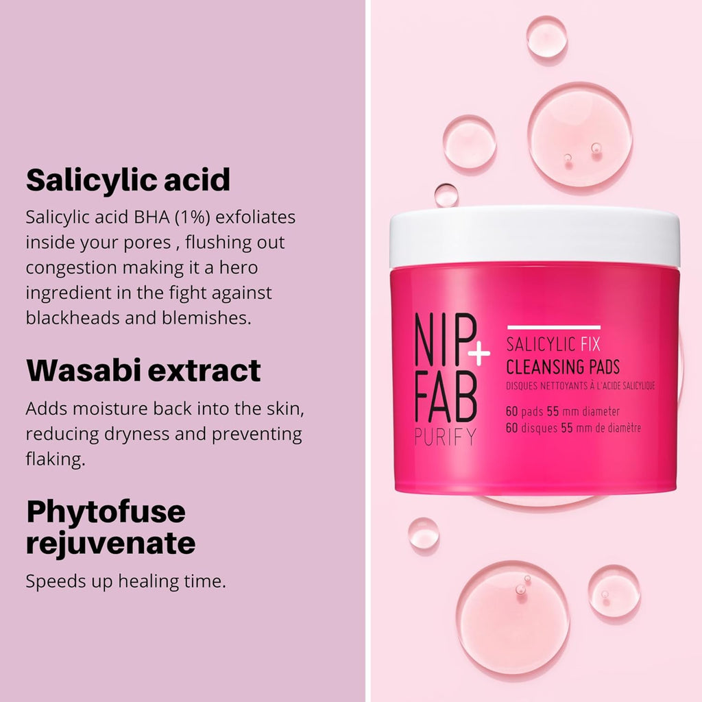 Nip + Fab Salicyclic Fix Night Pads for Face with Hyaluronic Acid, Exfoliating Facial Pad BHA Exfoliant for Skin Hydration Acne Breakouts and Blemishes, 60 Pads, 2.7 Ounce