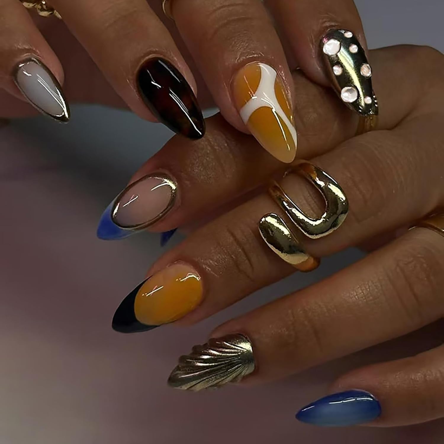 24Pcs Medium Almond Press on Nails French Tip Fake Nails with Brown Leopard Gold Line Design Glossy Reusable False Nail Artificial Acrylic Nails Press Ons Holiday Stick on Nails for Women DIY Manicure