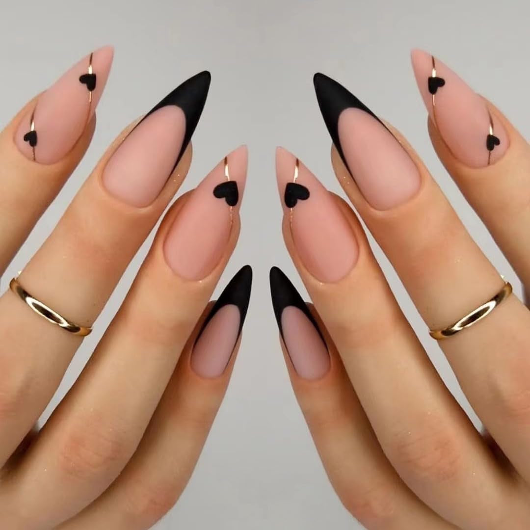 CTTHNBD Press on Nails Almond - French Tip Fake Nails with Gold Line Design - Medium Fasle Nails Press Ons - for Women 24 Pcs