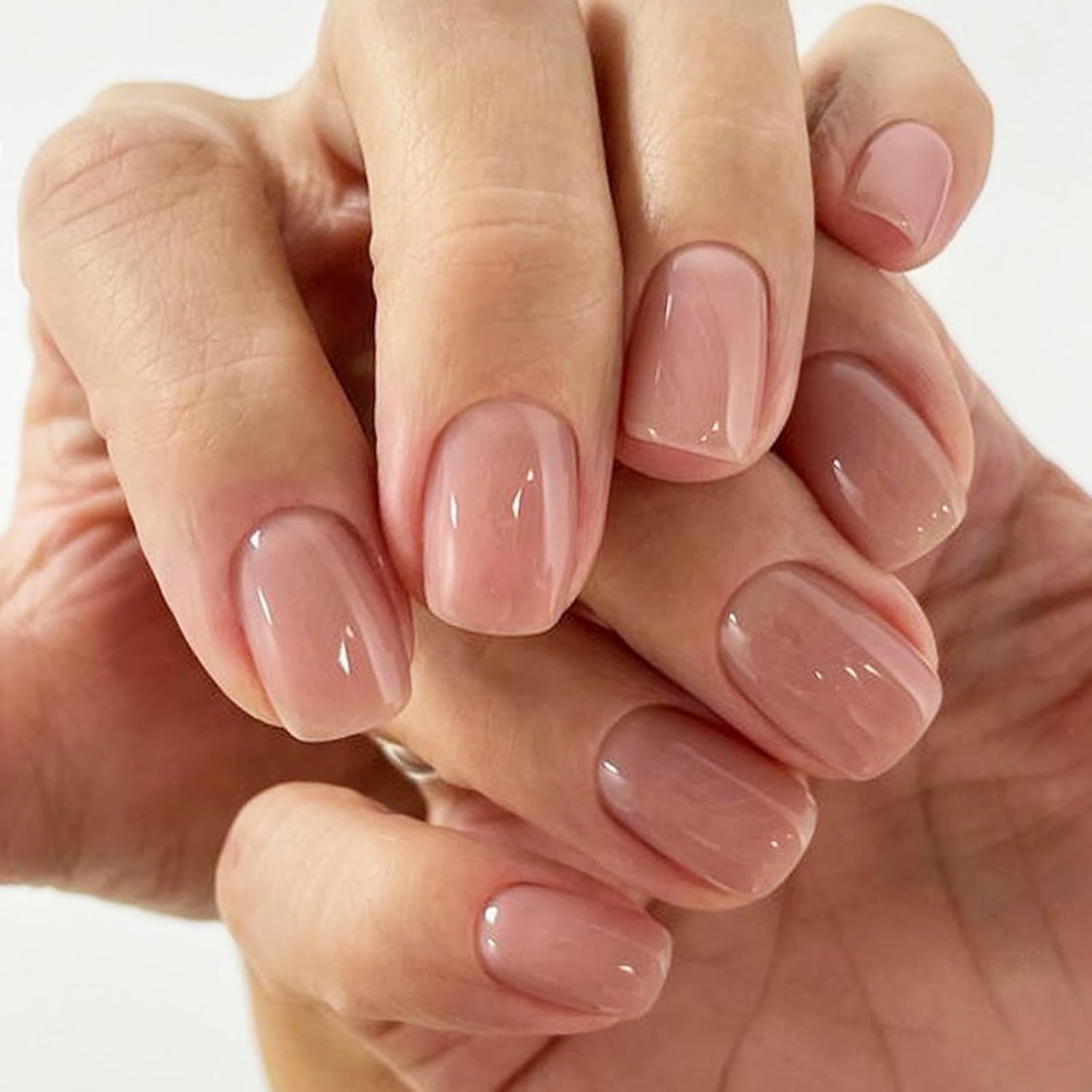 GLAMERMAID Nude Pink Short Press on Nails, Natural Extra Short Squoval Glue on Nails for Women, Coral Pink Square Jelly Soft Gel Fake Nails, round Reusable Acrylic False Nails Manicure Kit for Women