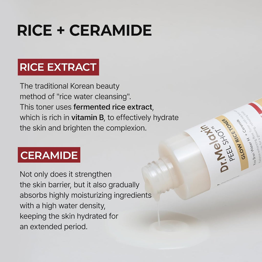 Dr.Melaxin Peel Shot Glow Rice Toner with Rice Extract & Ceramides, Hydrating & Skin Refining Face Toner for Glass Skin, Liposome Oil for Deep Moisture & Barrier Care, Korean Skincare, 6.76 Fl.Oz
