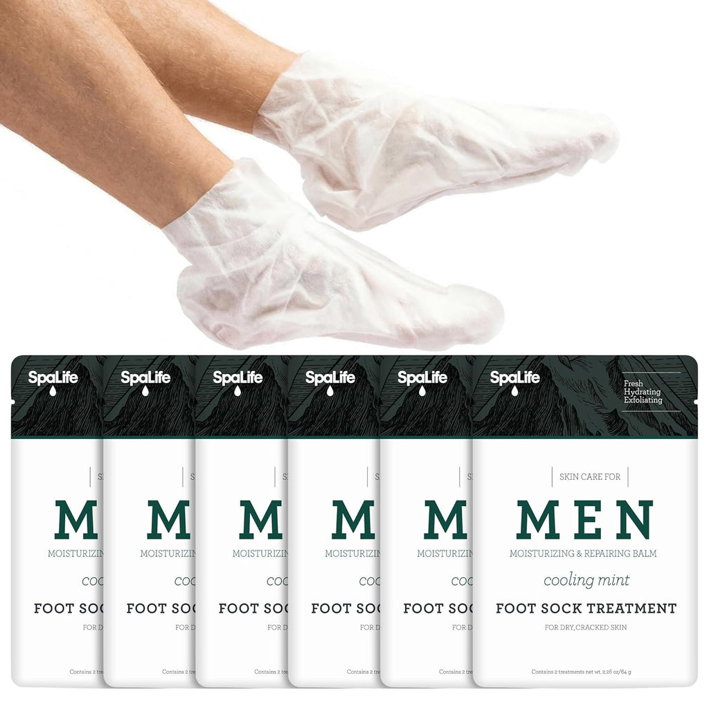 Spa Life Men'S Cooling Mint Foot Repair Balm and Moisturizing Socks Set - Revitalizing Hydrating Foot Mask for Soothing Tired, Achy Feet and Softening Dry, Cracked Skin One Size Fits Most- 6 Pairs