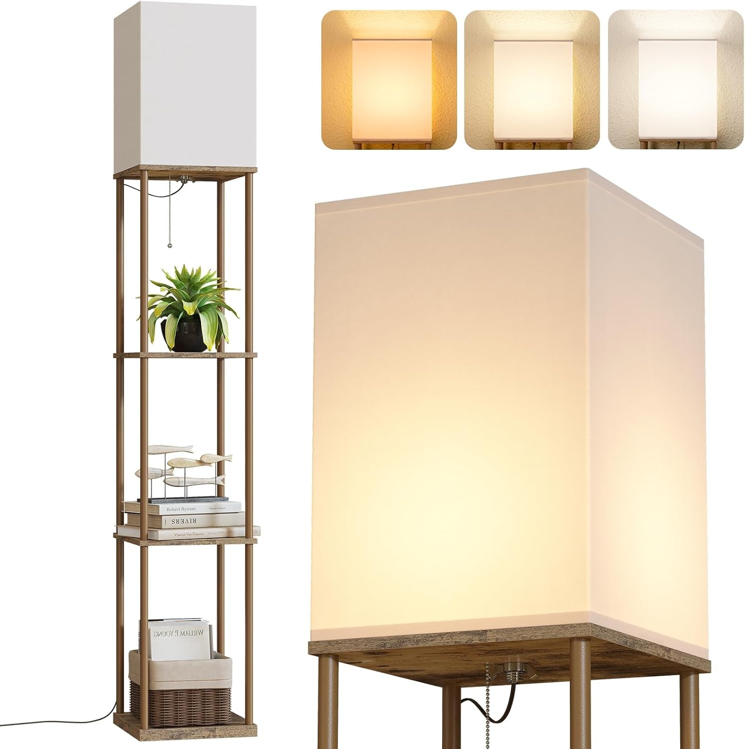 SUNMORY 5 Tier Floor Lamp with Shelves, Modern Square Standing Lamp with 3 Color Temperature Bulb, Corner Display Bookshelf Lamp for Living Room and Bedroom, Tall Shelf Floor Lamp