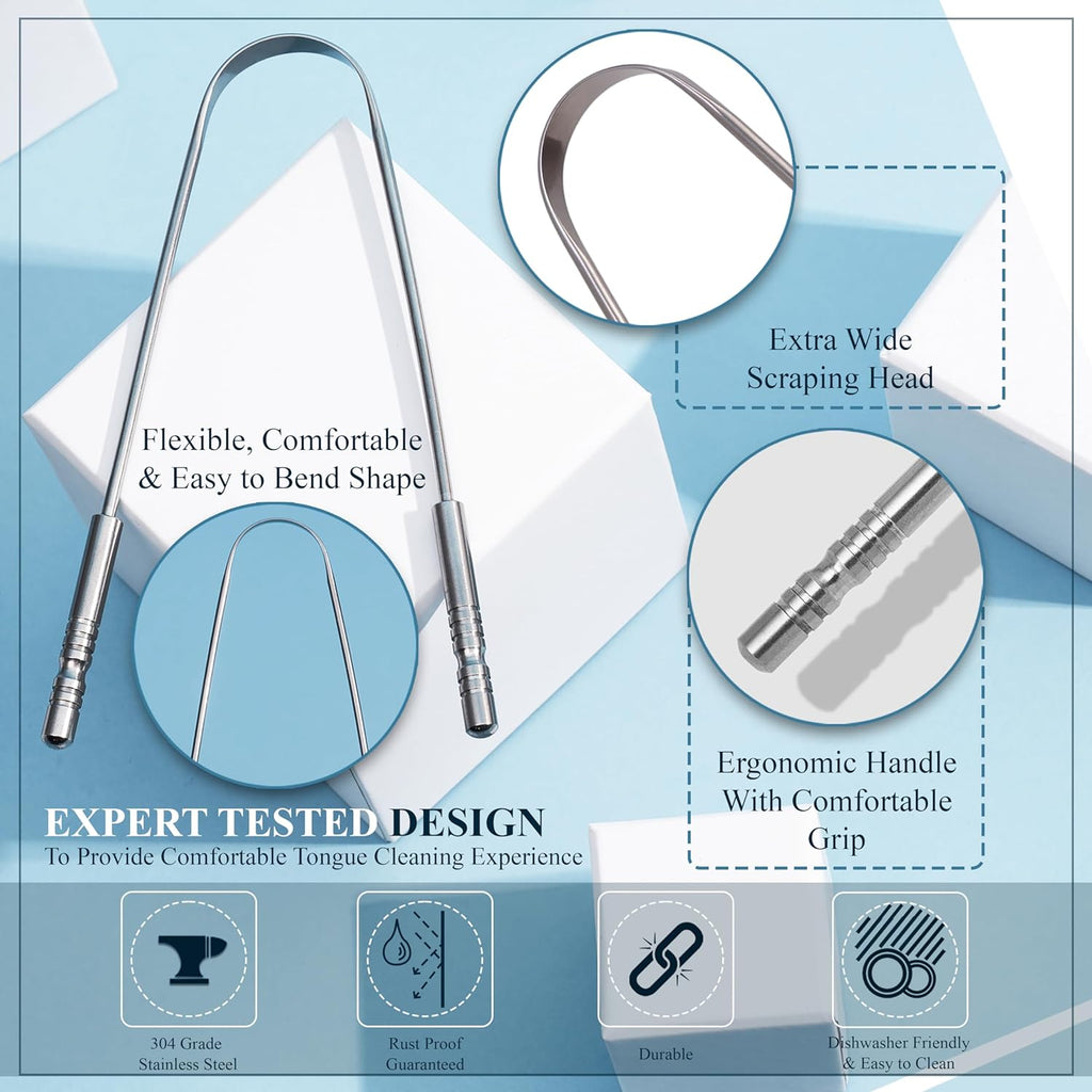 Mastermedi Tongue Scraper for Adults with Multicolor Travel Cases (2 Pack), 100% Stainless Steel, Reduce Bad Breath, Tongue Scrubber, Easy to Use, Tongue Cleaner for Oral Care & Hygiene