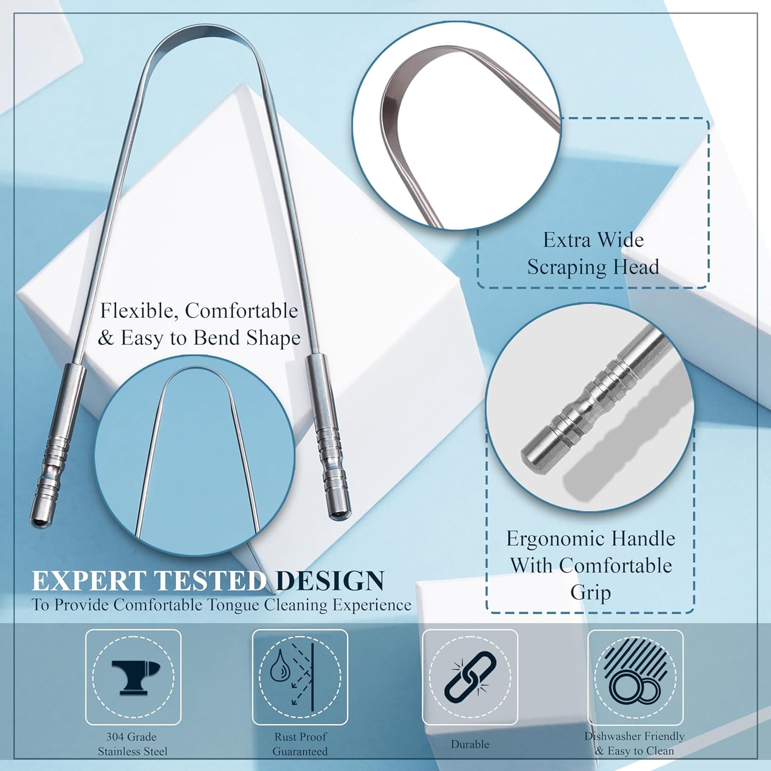 Mastermedi Tongue Scraper for Adults with Multicolor Travel Cases (2 Pack), 100% Stainless Steel, Reduce Bad Breath, Tongue Scrubber, Easy to Use, Tongue Cleaner for Oral Care & Hygiene