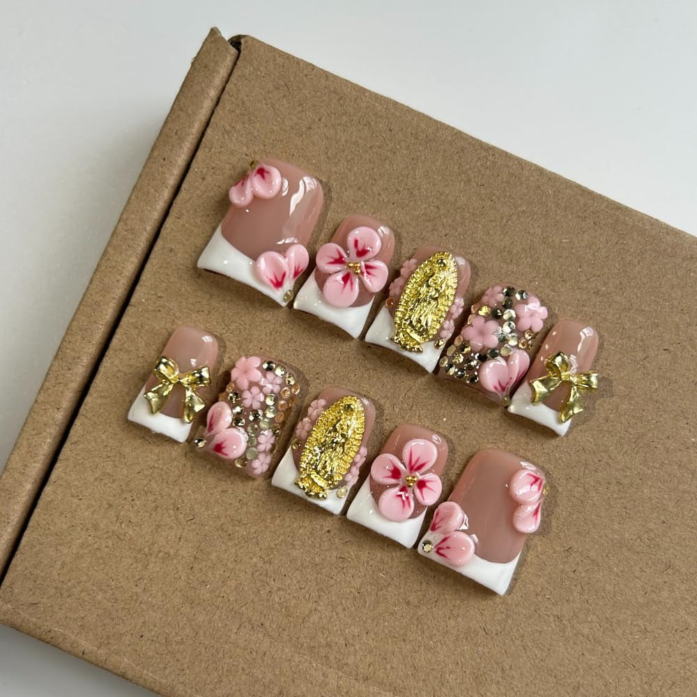 MAGLFELL Salon Press on Nails - 3D Almond Handmade Unique French Fake Nails, Thick Acrylic and Muti-Layer Gel False Nails, Reusable Gel Cured Durable Press Ons (Size S)