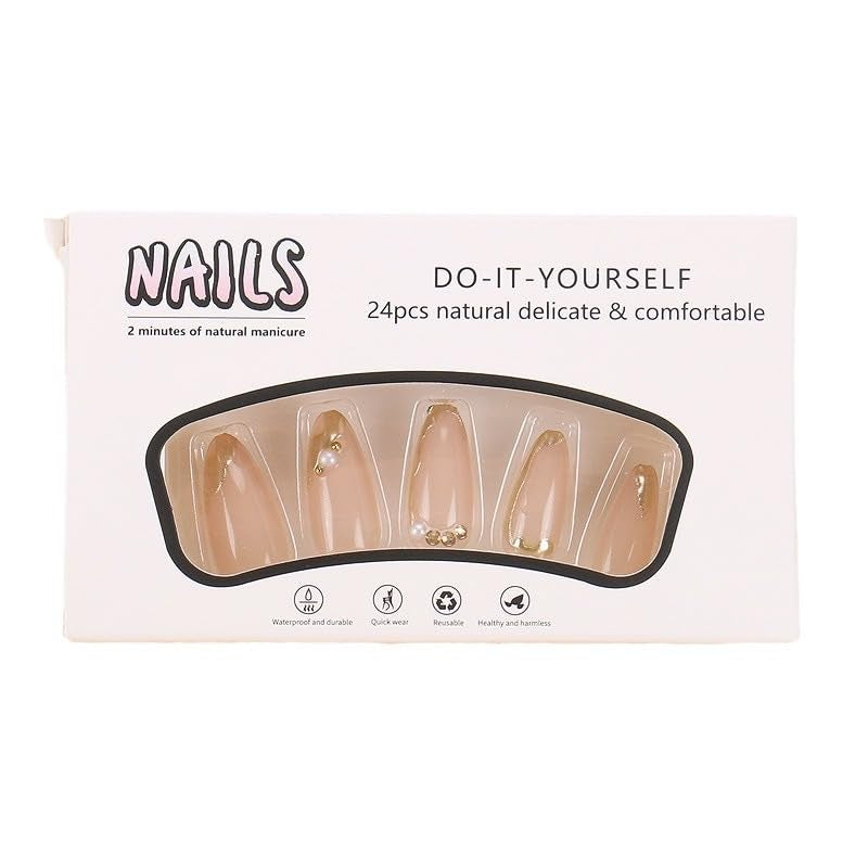 CTTHNBD Press on Nails Almond - French Tip Fake Nails with Gold Line Design - Medium Fasle Nails Press Ons - for Women 24 Pcs
