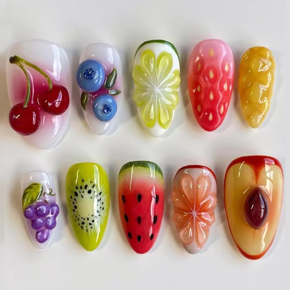 MAGLFELL Salon Press on Nails - 3D Almond Handmade Unique French Fake Nails, Thick Acrylic and Muti-Layer Gel False Nails, Reusable Gel Cured Durable Press Ons (Size S)