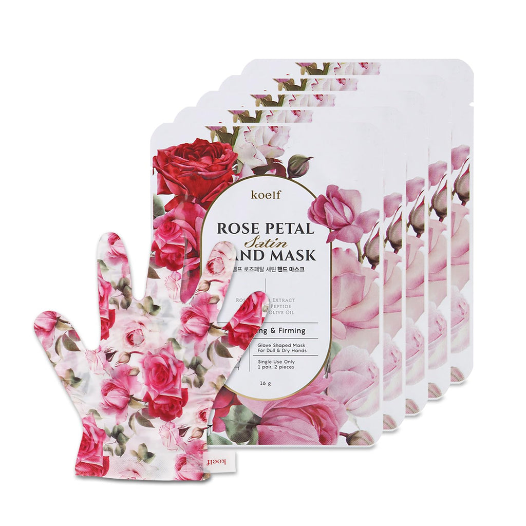 Koelf PETITFEE Rose Petal Satin Hand Mask (5Pairs) - Intensive Nourishing, Moisturizing Gloves, Rose Scented Hand Repair Masks with Peptide, Collagen, Shea Butter for Silky Smooth Hand, Hand Treatment