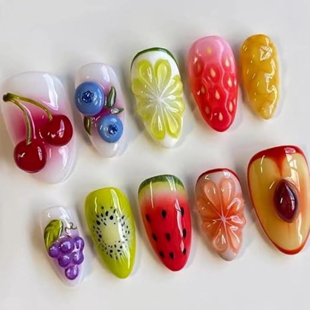 MAGLFELL Salon Press on Nails - 3D Almond Handmade Unique French Fake Nails, Thick Acrylic and Muti-Layer Gel False Nails, Reusable Gel Cured Durable Press Ons (Size S)